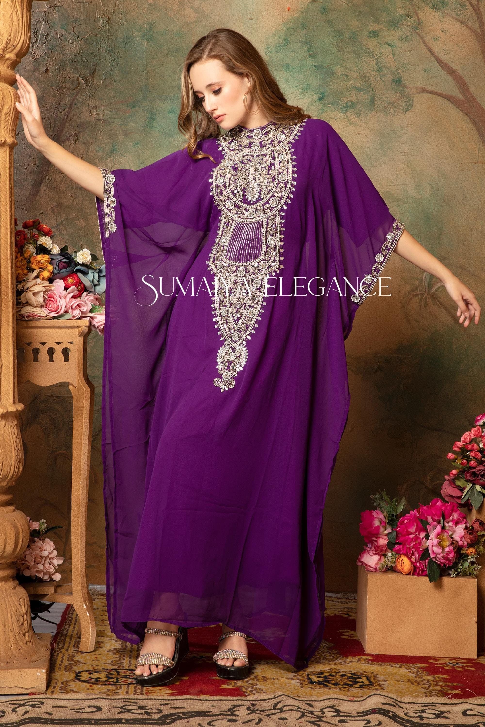 Embellished Georgette Kaftan with Scarf, Dubai Moroccan Farasha Dress