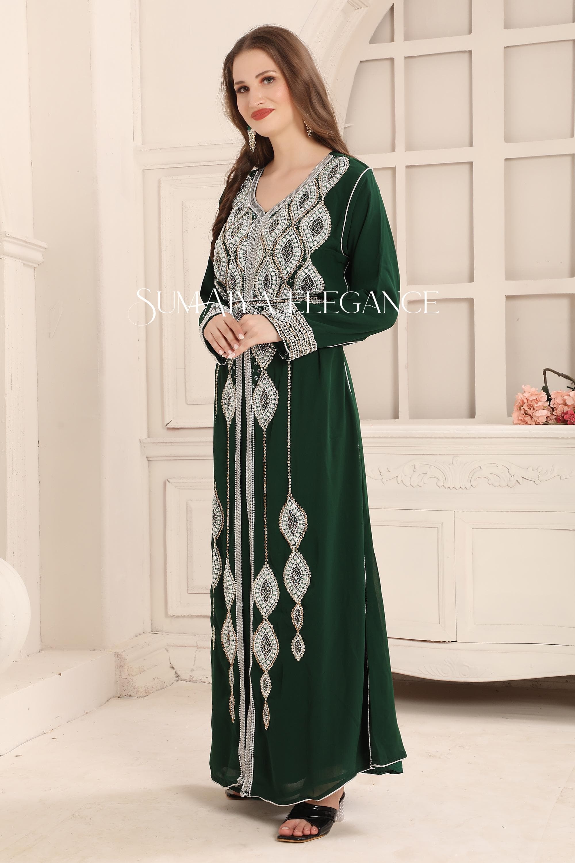 Moroccan Kaftan Silver Embroidered Abaya, Modest Wedding Dress, Henna Night Gown, Plus Size Dubai Farasha, Nikah Outfit Caftan, Ramadan - image 5