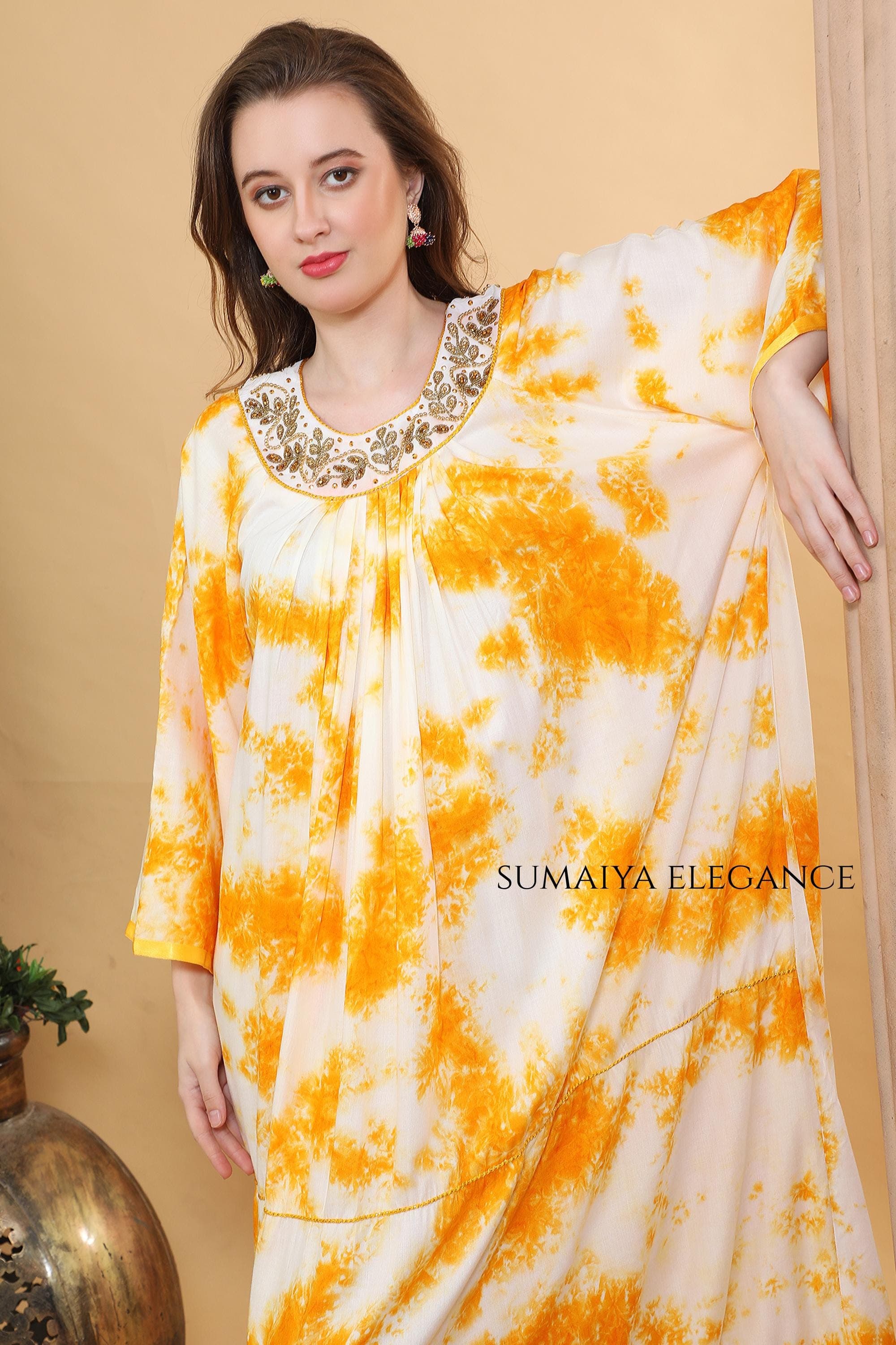 Hand Embroidered Neck Kaftan Dress, Loose Fit Maxi Farasha, Modest Boho Loungewear, Flowy Sleeve Resort Wear for Women - image 4