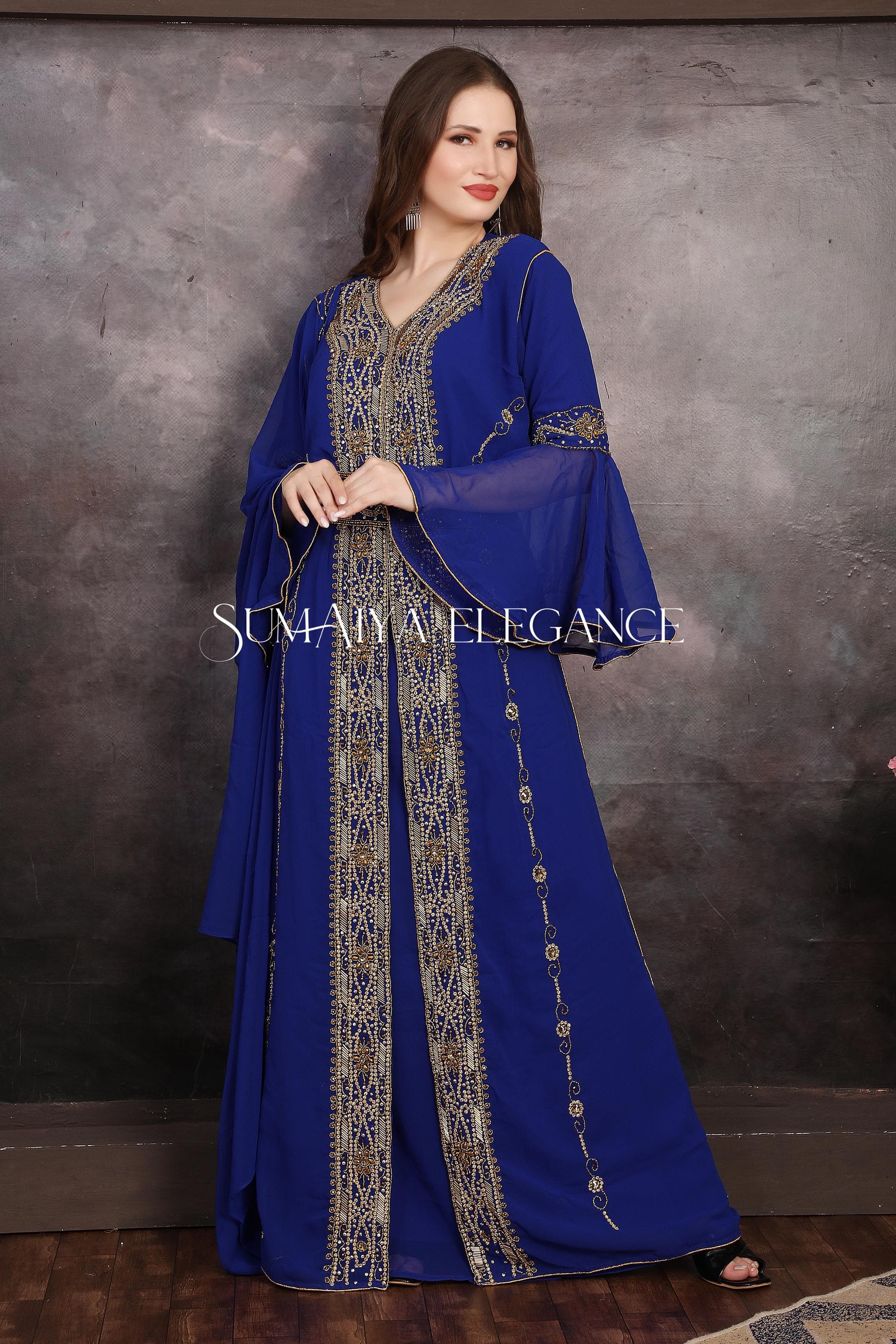 Hand Beaded Georgette Kaftan – Moroccan Dubai Abaya Dress with Scarf