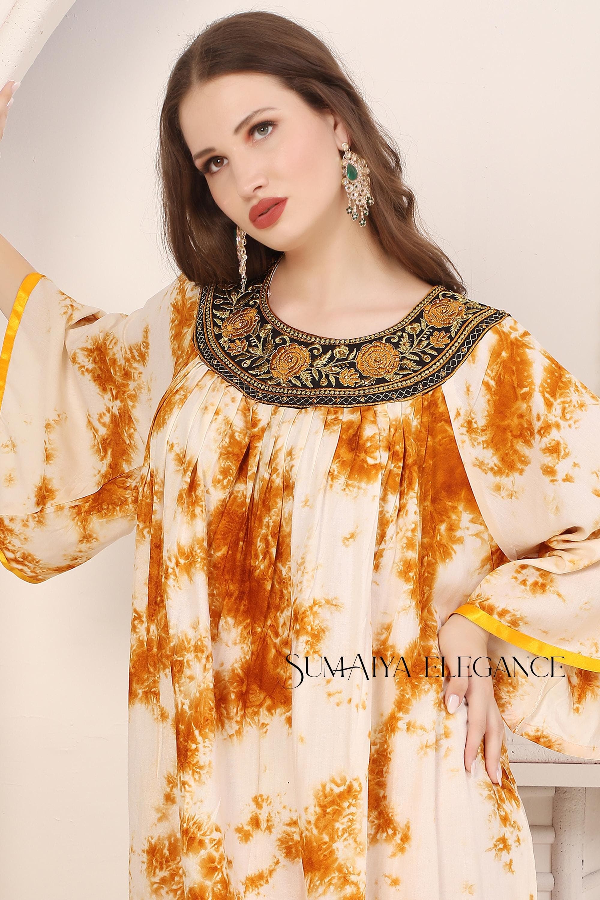 Embroidered Tie Dye Kaftan Abaya with Scarf – Handmade Maxi Dress - image 3