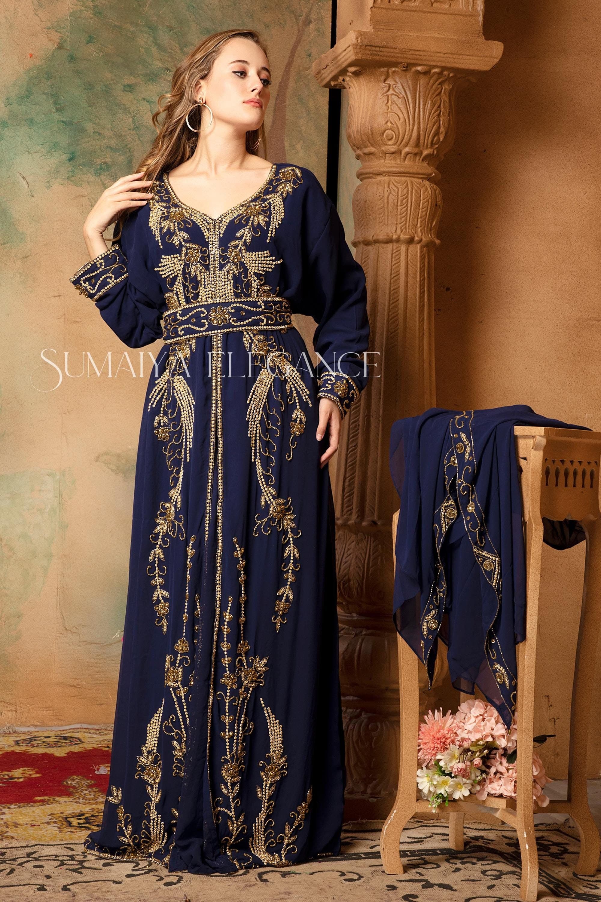 Farah Takchita Moroccan Caftan Arabic Abaya Kaftan Dubai Fancy Hand Beaded Party Wear Wedding Long Gown Stylish Dress Comes with Scarf Free