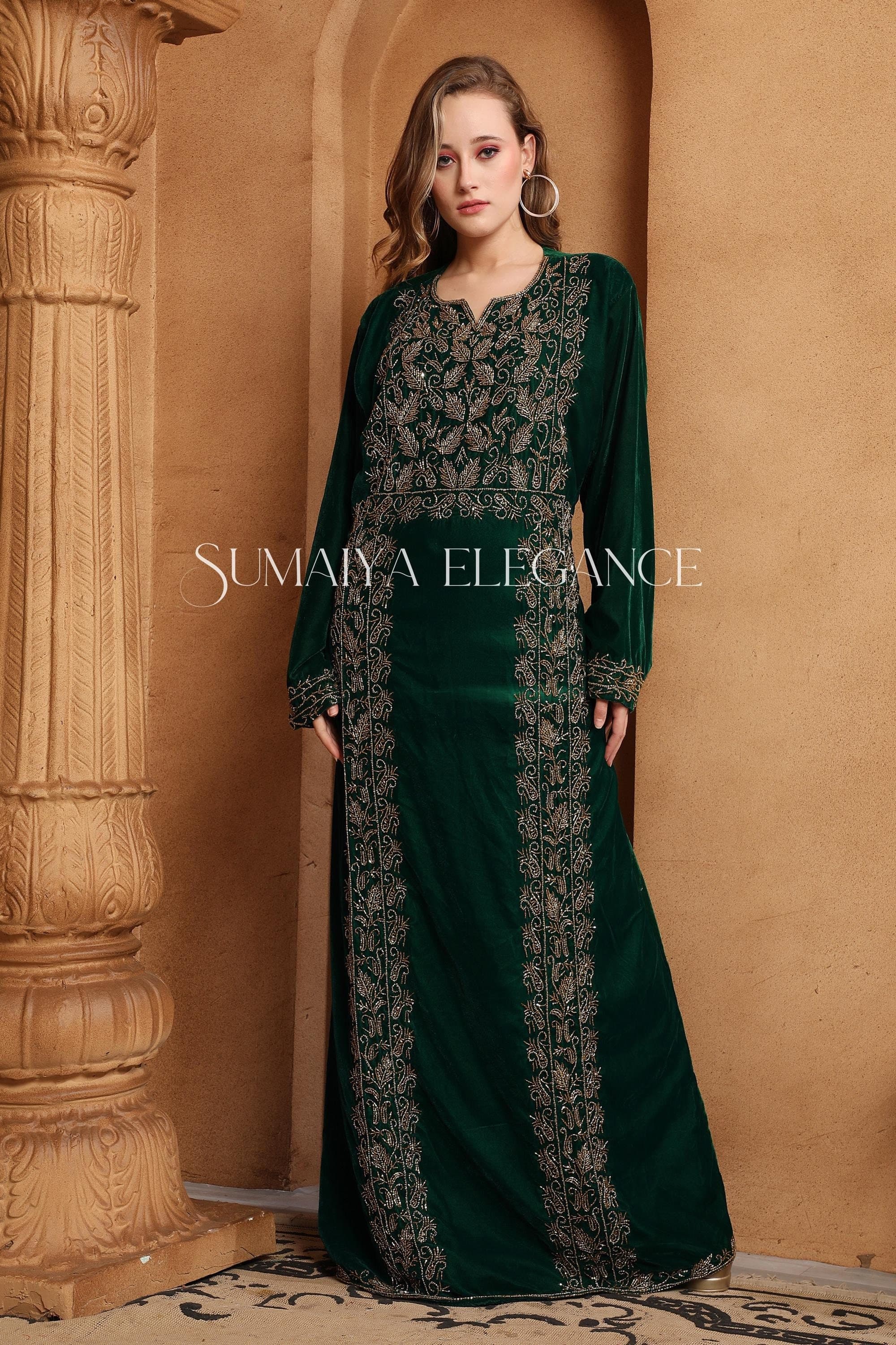Embroidered Velvet Kaftan Gown, Crystal Beaded Abaya, Moroccan Wedding Dress