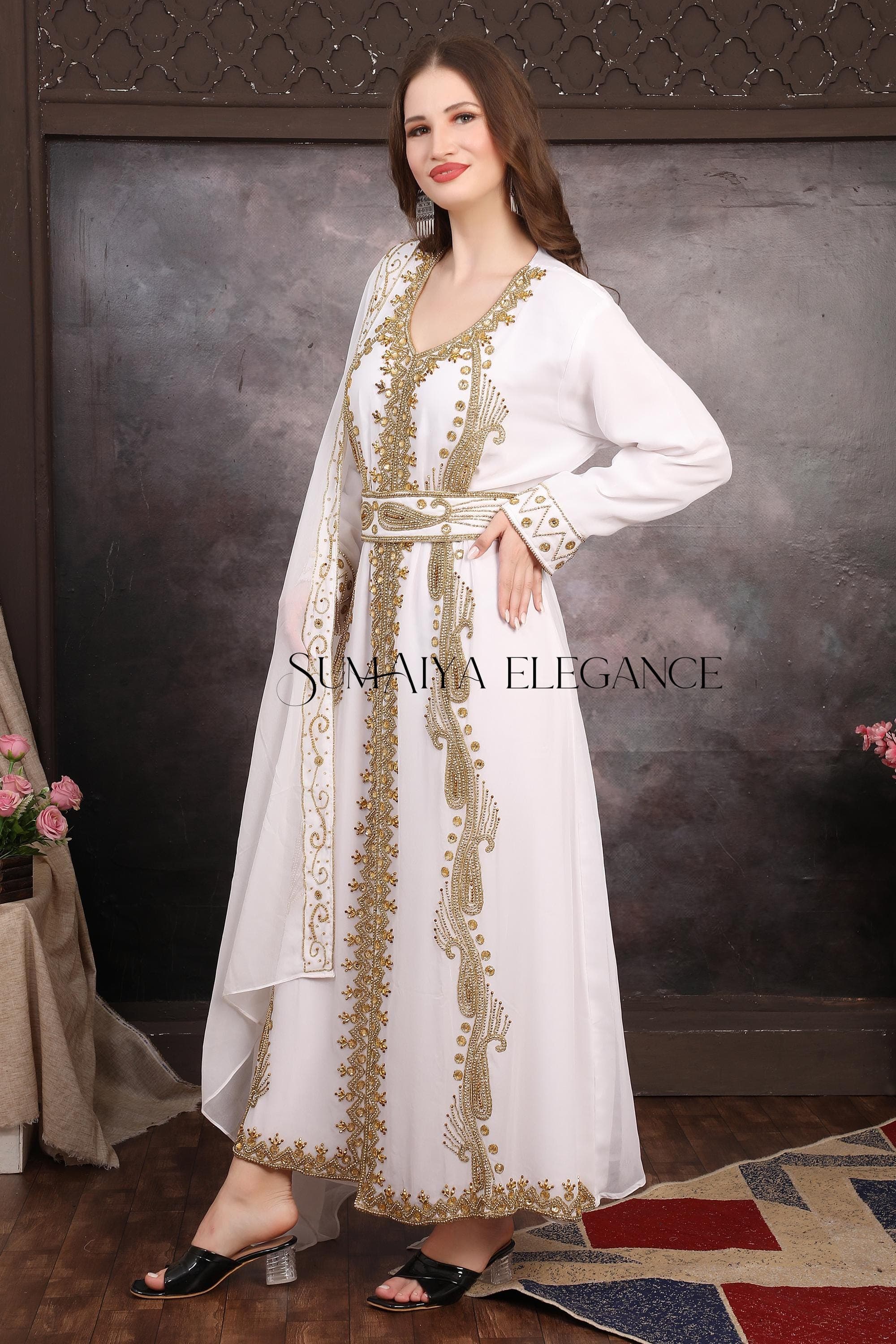 Hand Beaded Moroccan Kaftan with Scarf - Dubai Style Abaya, Party Gown - image 5