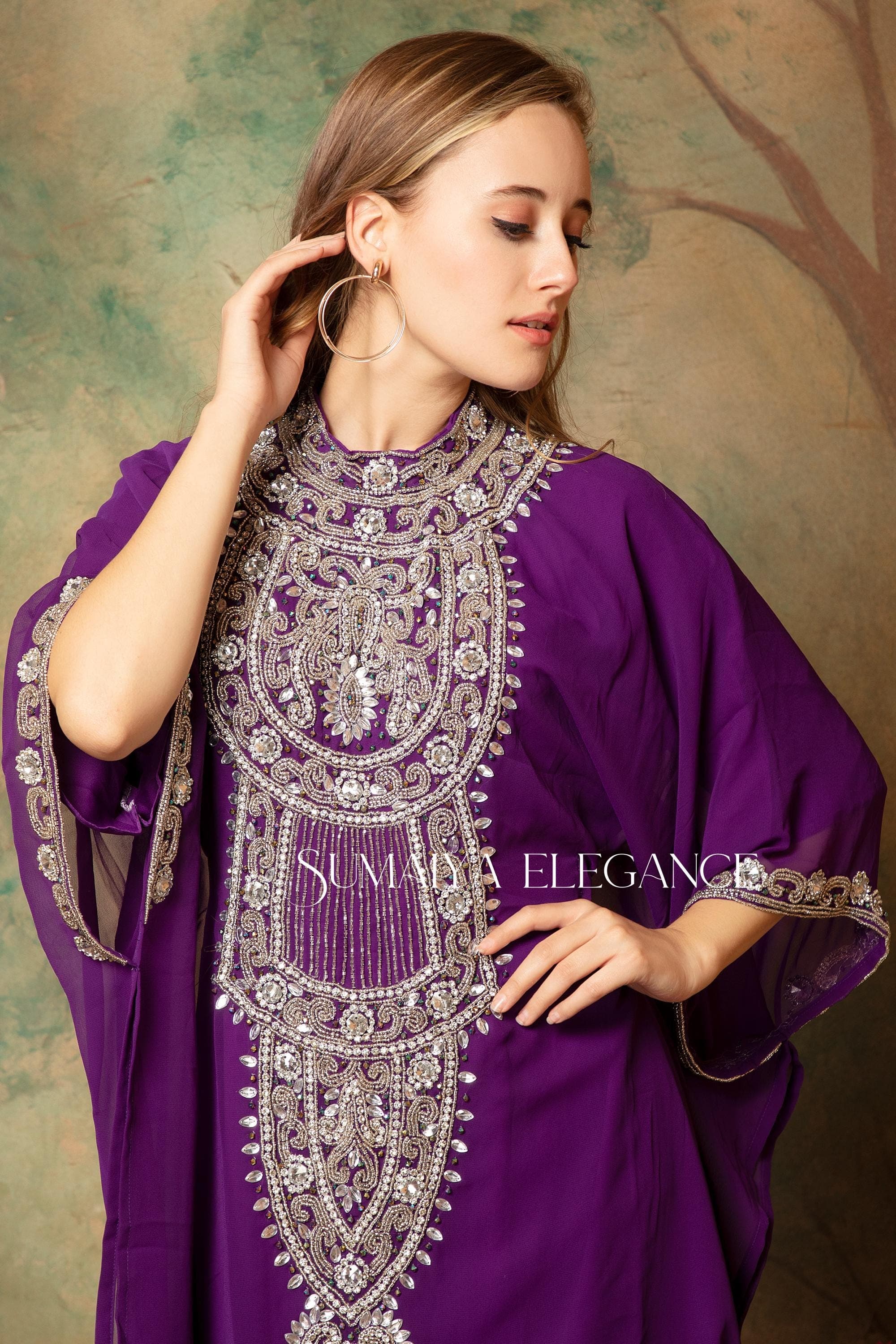 Embellished Georgette Kaftan with Scarf, Dubai Moroccan Farasha Dress - image 3