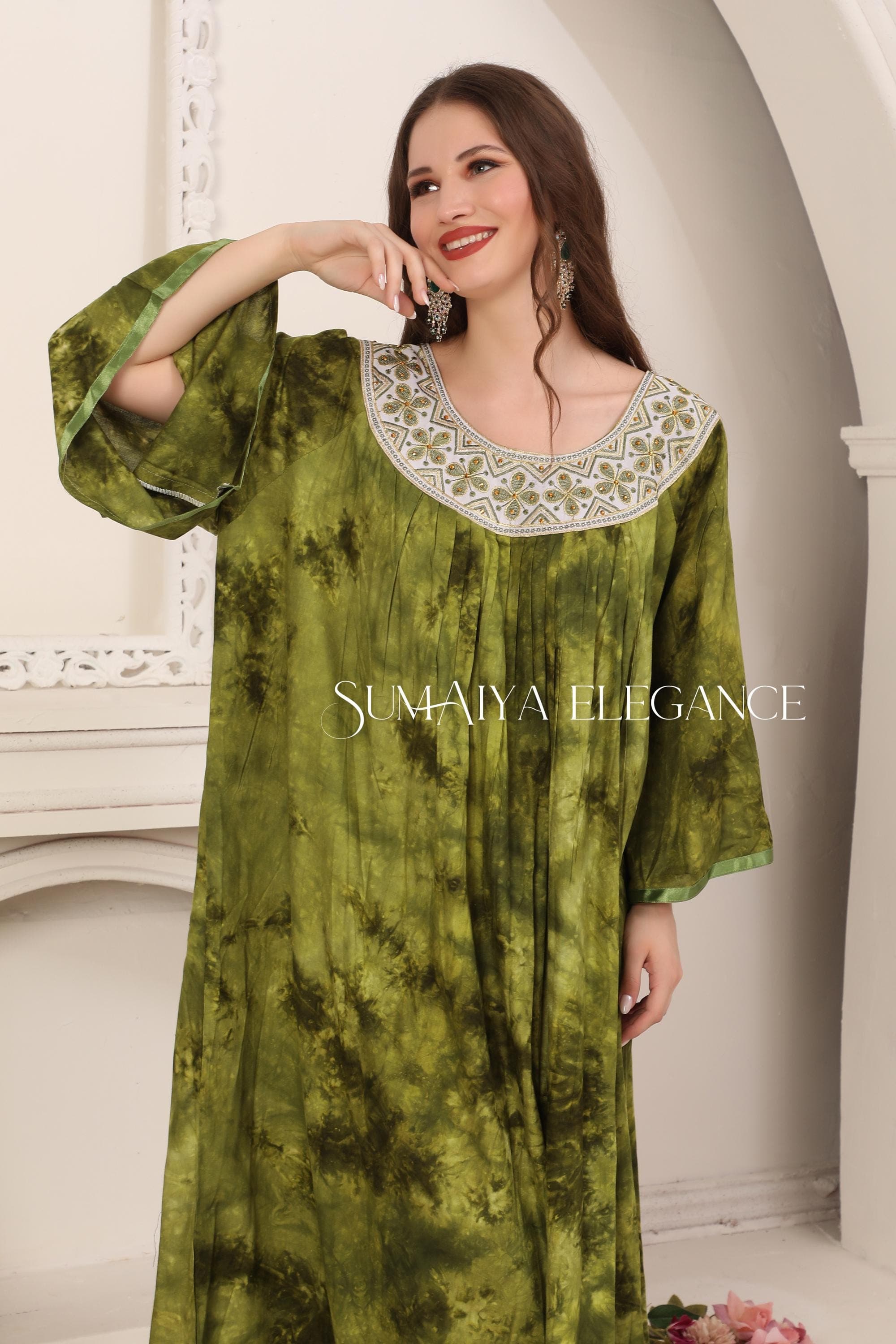 Handmade Rayon Kaftan Dress with Embroidered Neckline and Scarf