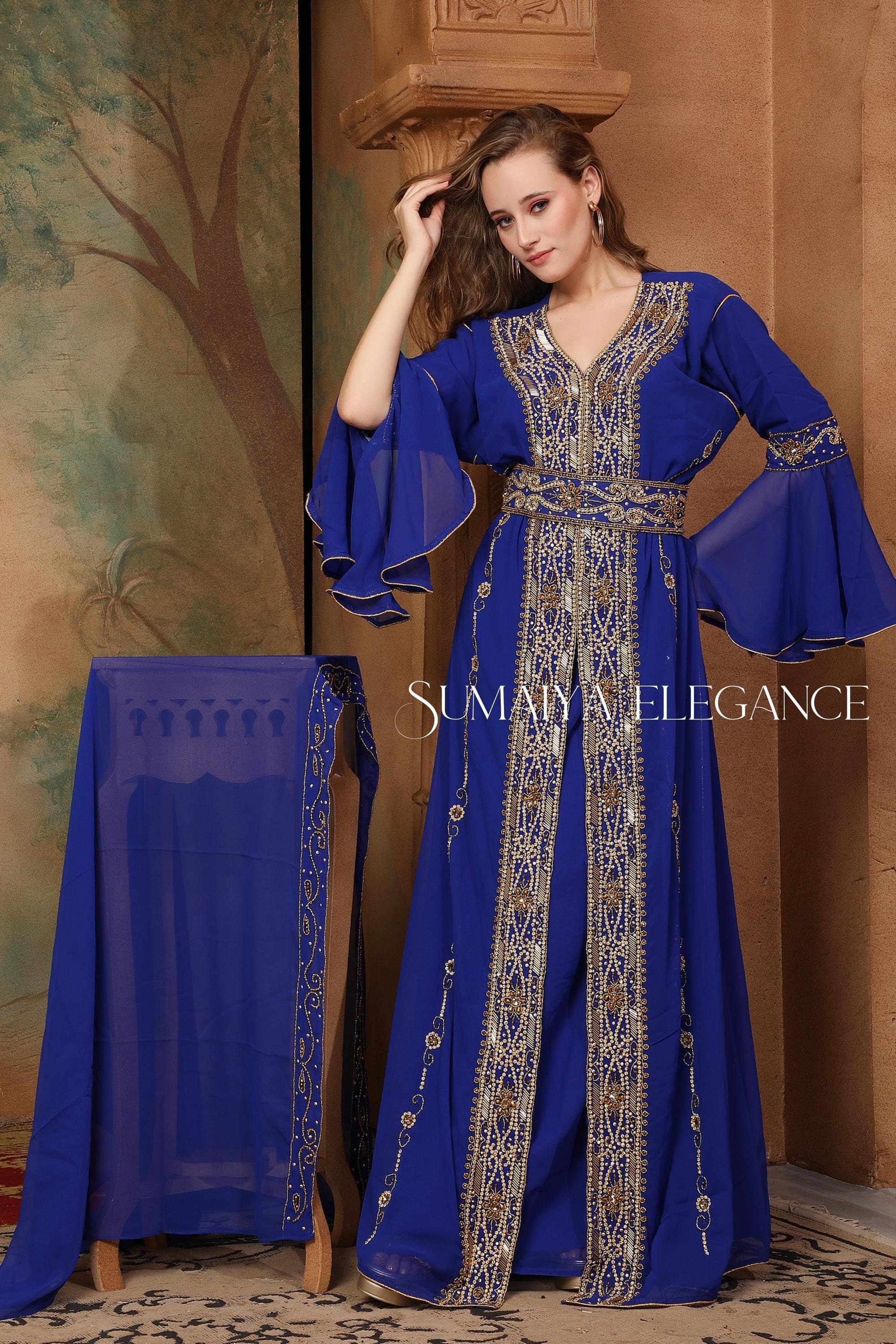 Hand Beaded Moroccan Caftan, Dubai Georgette Abaya Dress with Scarf