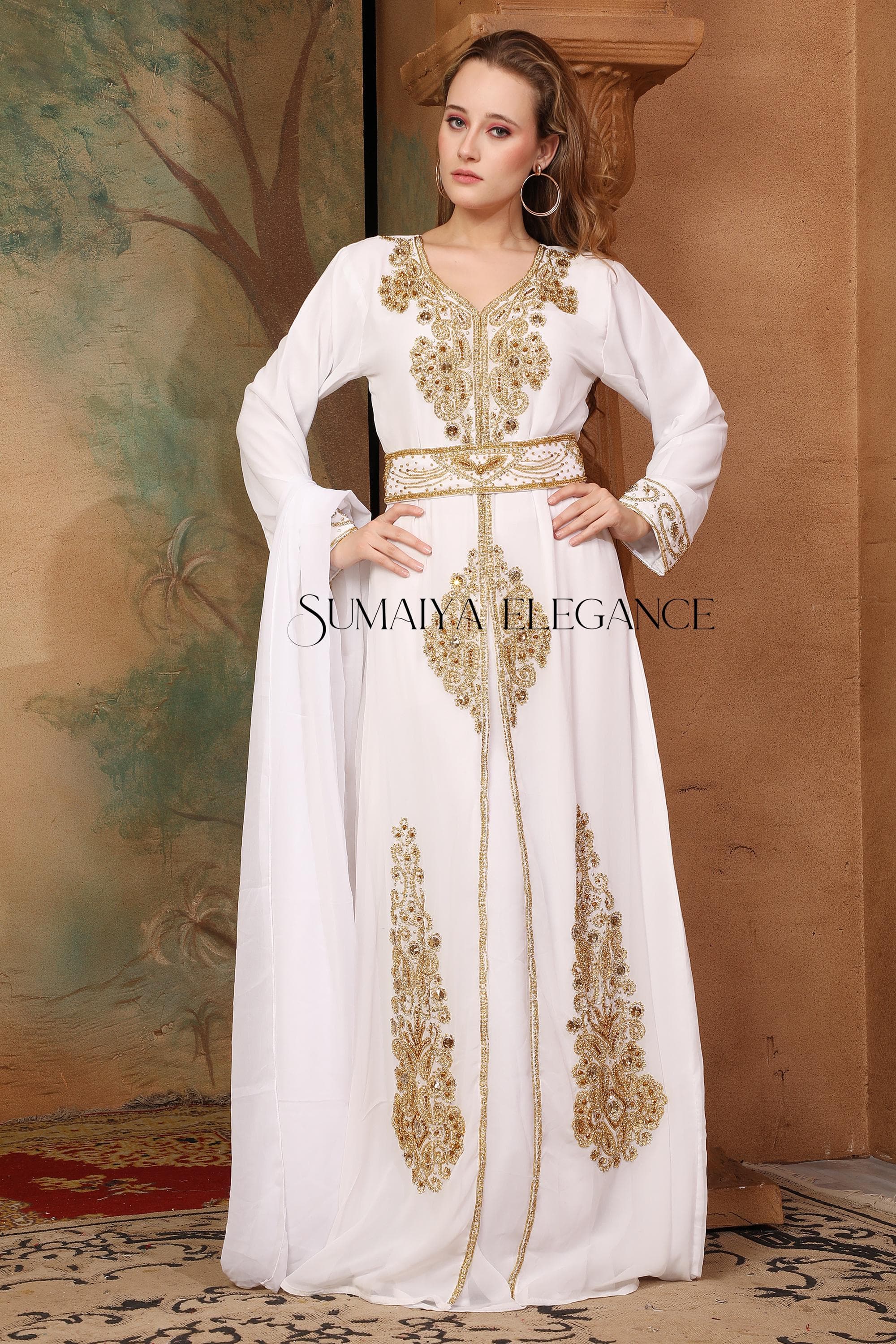 Embellished Georgette Moroccan Kaftan with Headscarf
