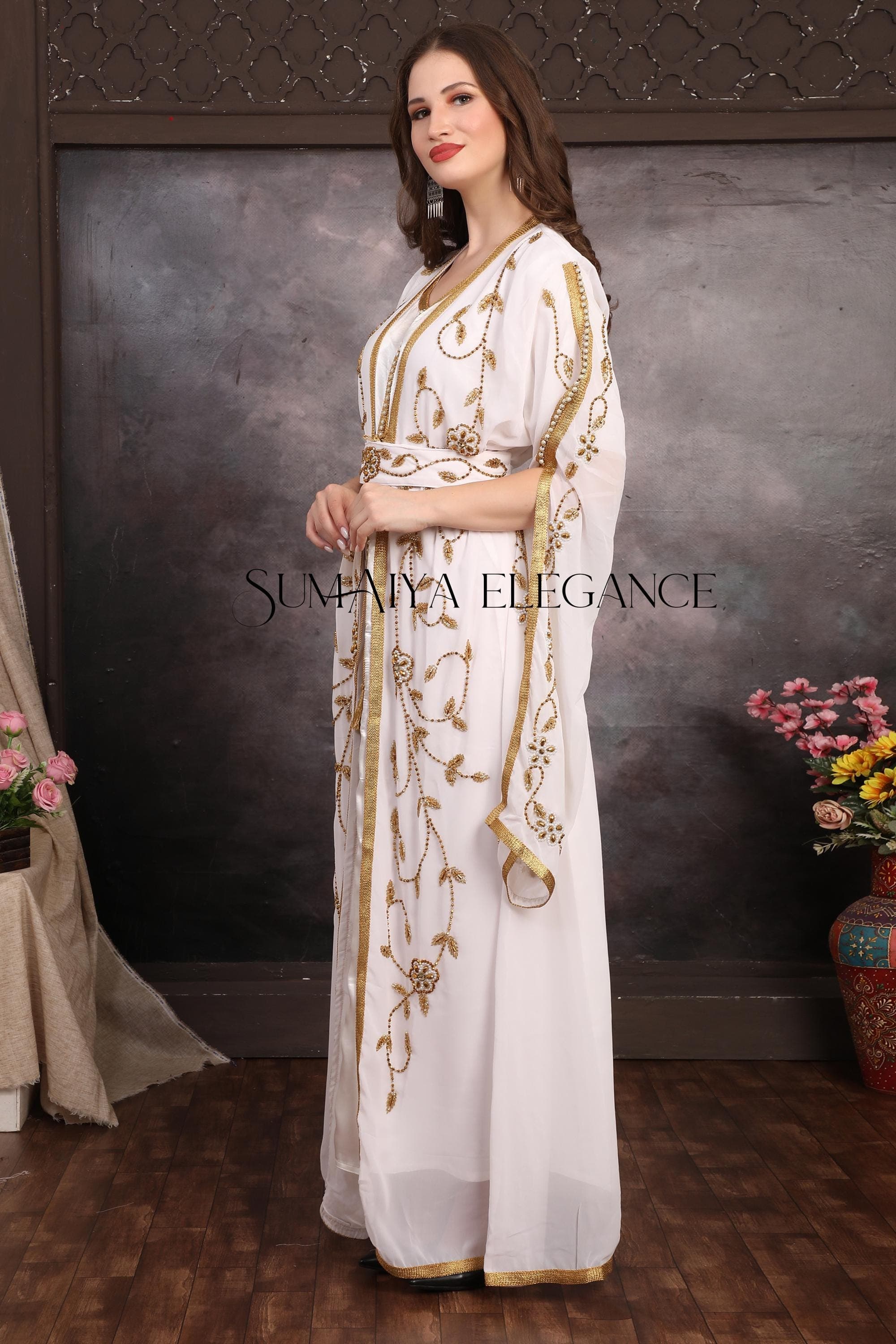 White and Gold Islamic Kaftan, Hand Beaded Moroccan Wedding Maxi Georgette Dress with Hijab - image 5