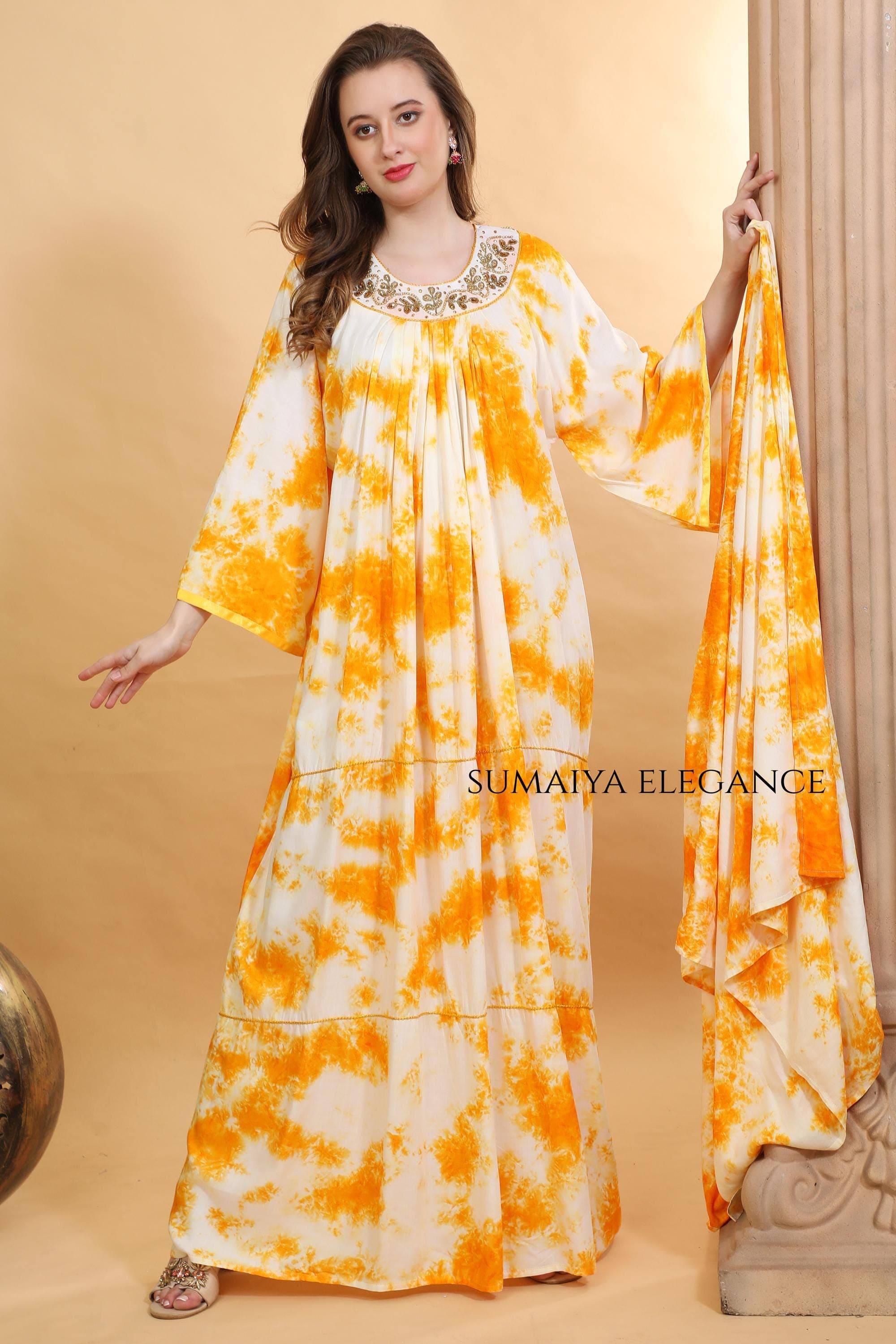 Hand Embroidered Neck Kaftan Dress, Loose Fit Maxi Farasha, Modest Boho Loungewear, Flowy Sleeve Resort Wear for Women - image 3