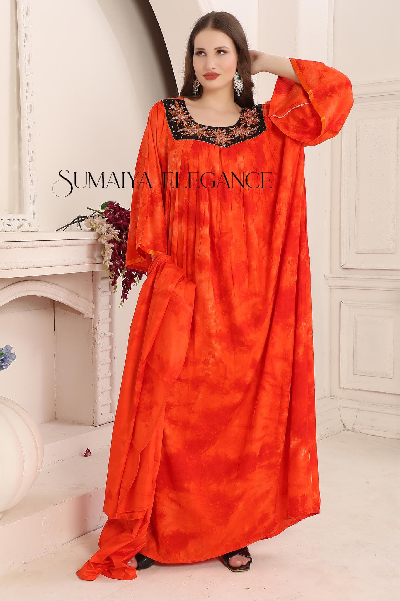 Handmade Pleated Kaftan Dress | Beaded Abaya Gown, Matching Scarf