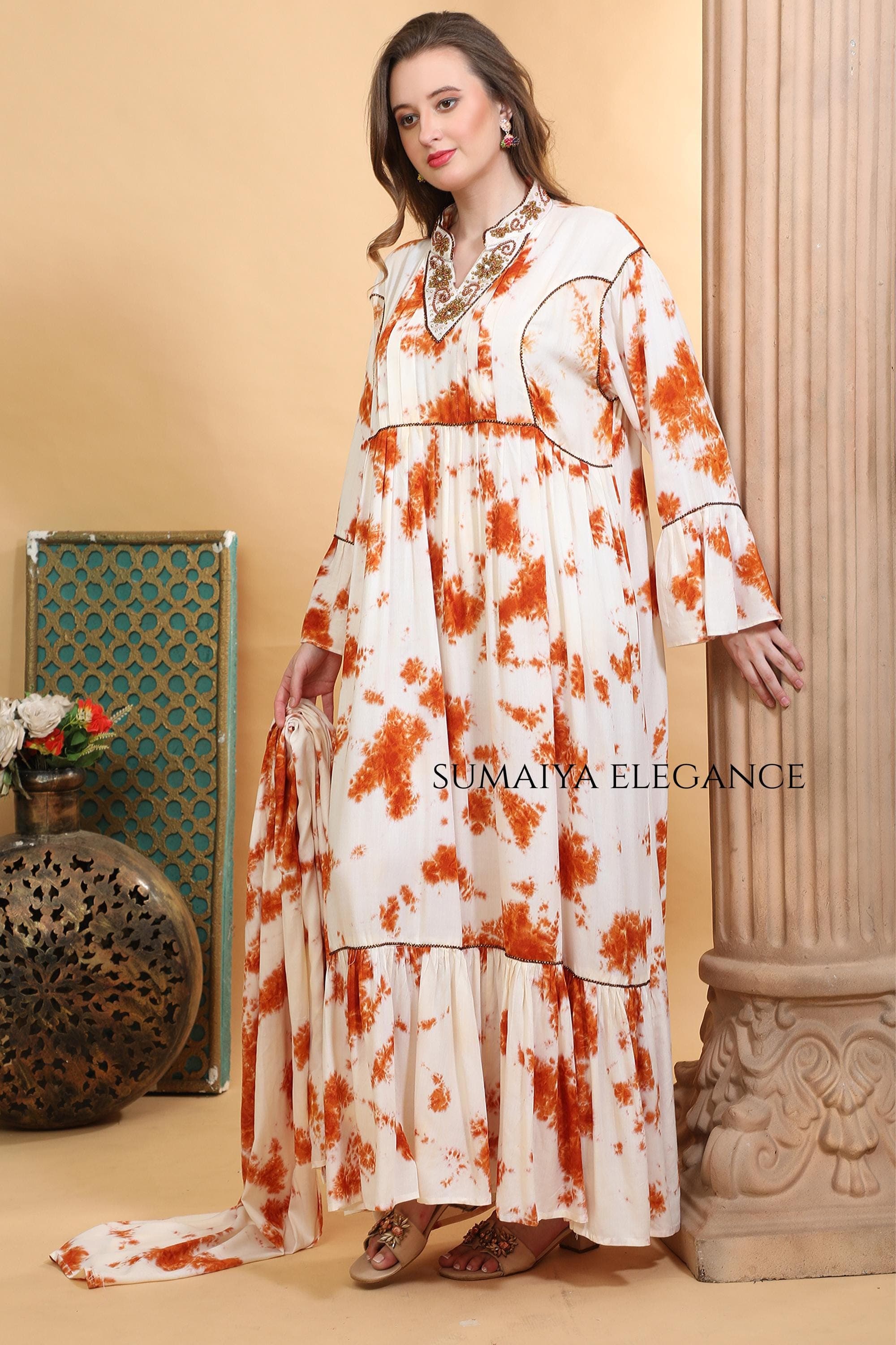 Bohemian Resort Wear Maxi | Tie Dye Beach Vacation Dress | Embroidered Neckline Flowy Summer Gown - image 5
