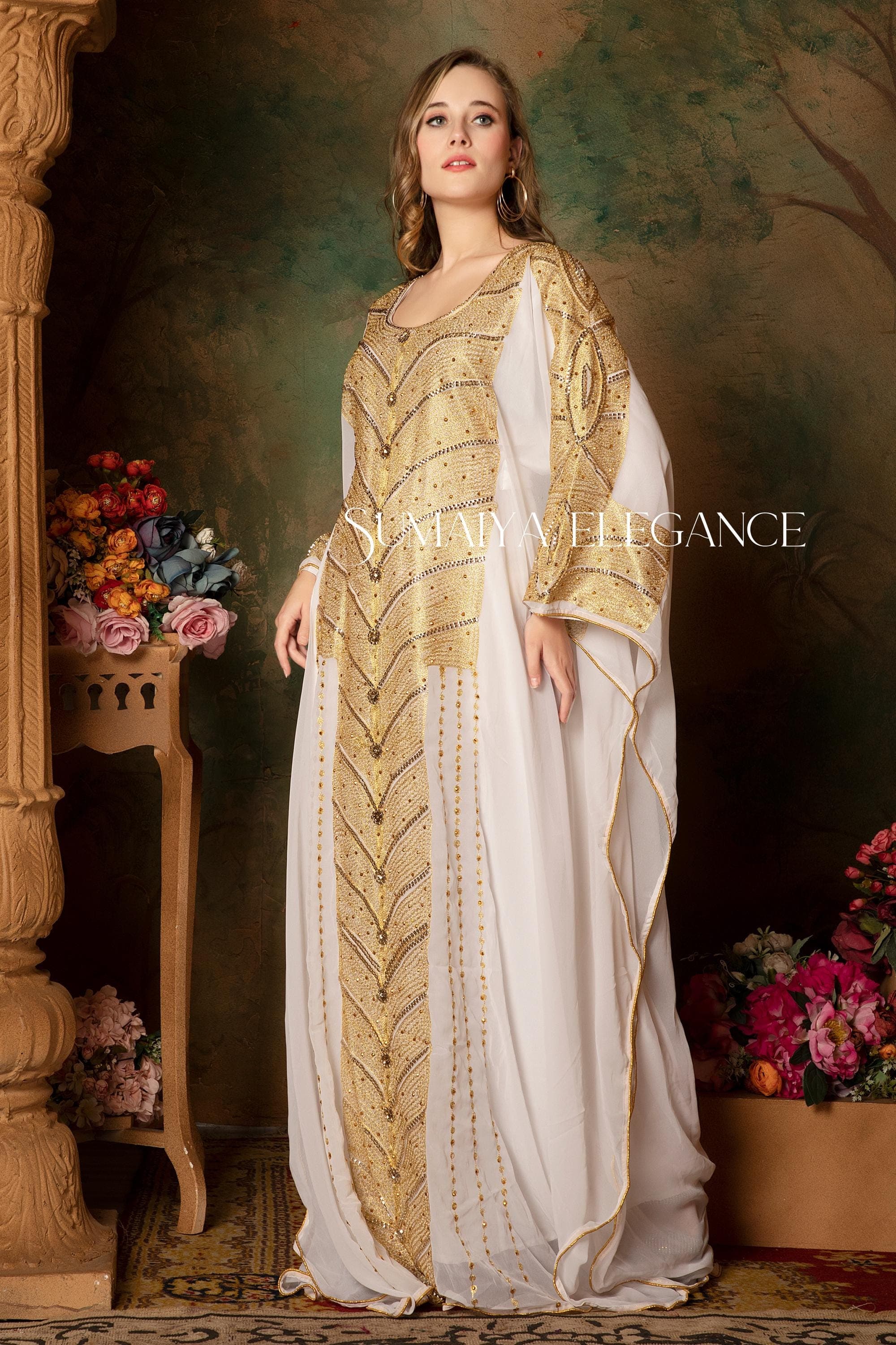 Hand Beaded Georgette Abaya Dress, Dubai Kaftan with Headscarf - image 5