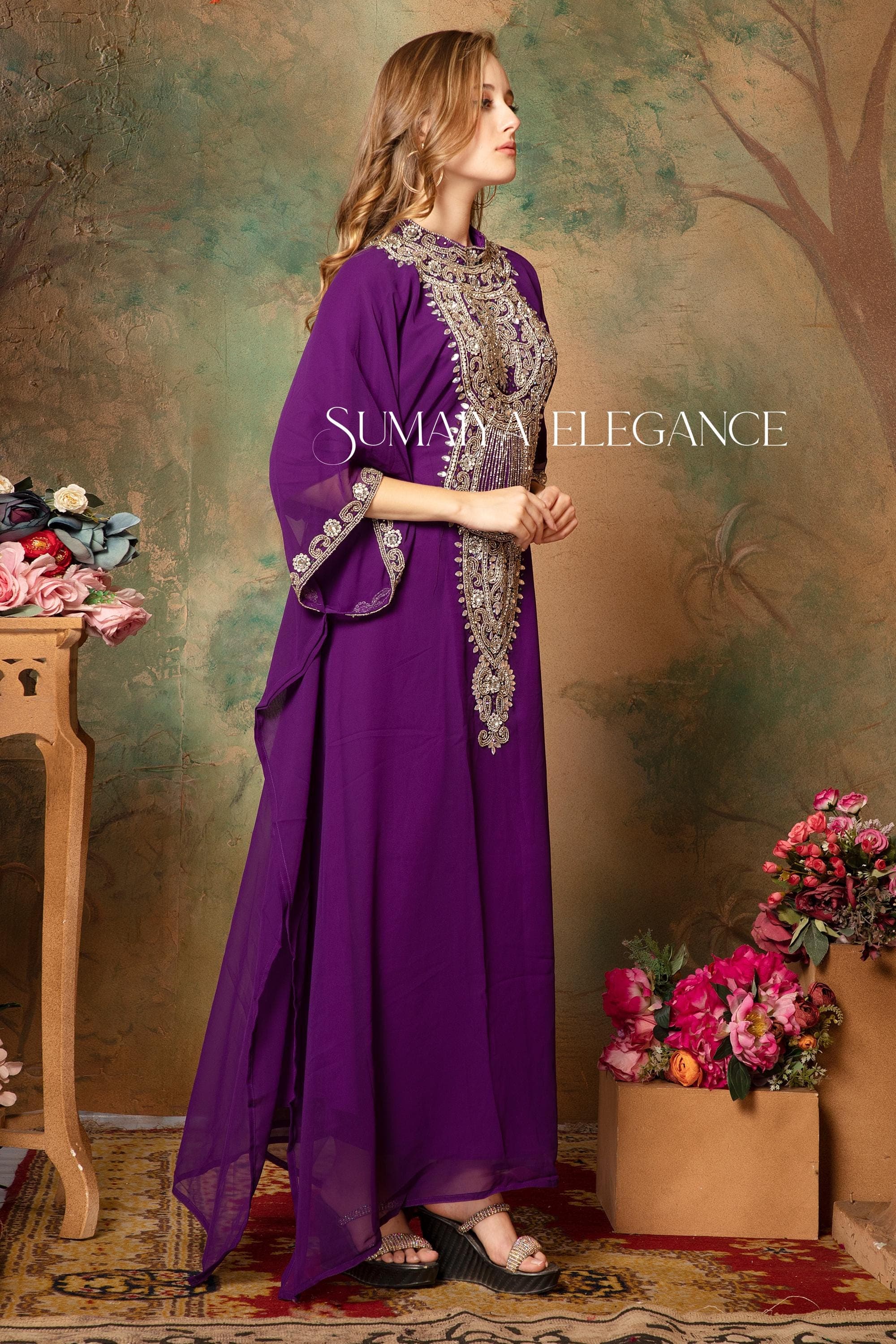 Embellished Georgette Kaftan with Scarf, Dubai Moroccan Farasha Dress - image 4