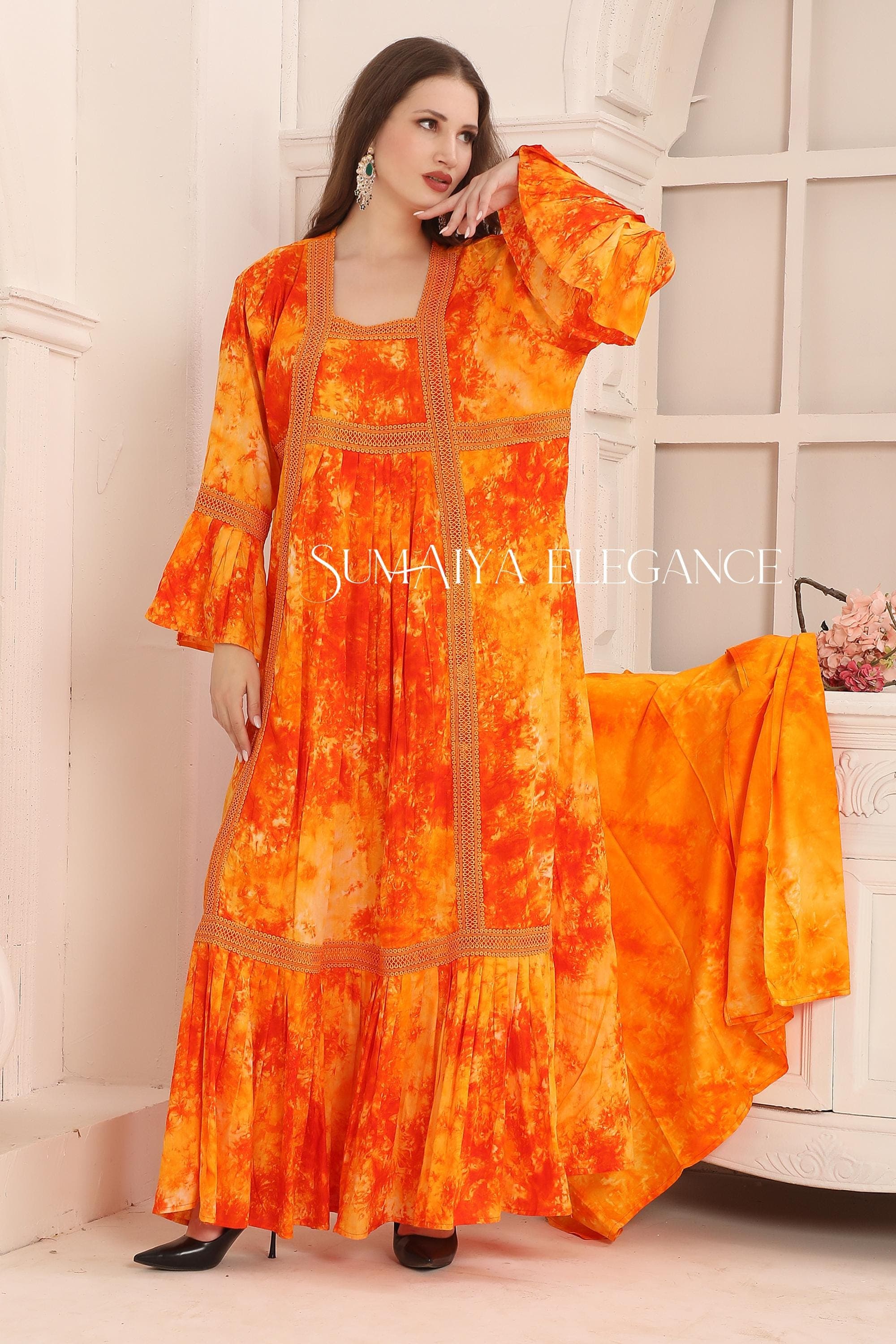 Orange Embroidered Kaftan Dress with Lace & Head Scarf