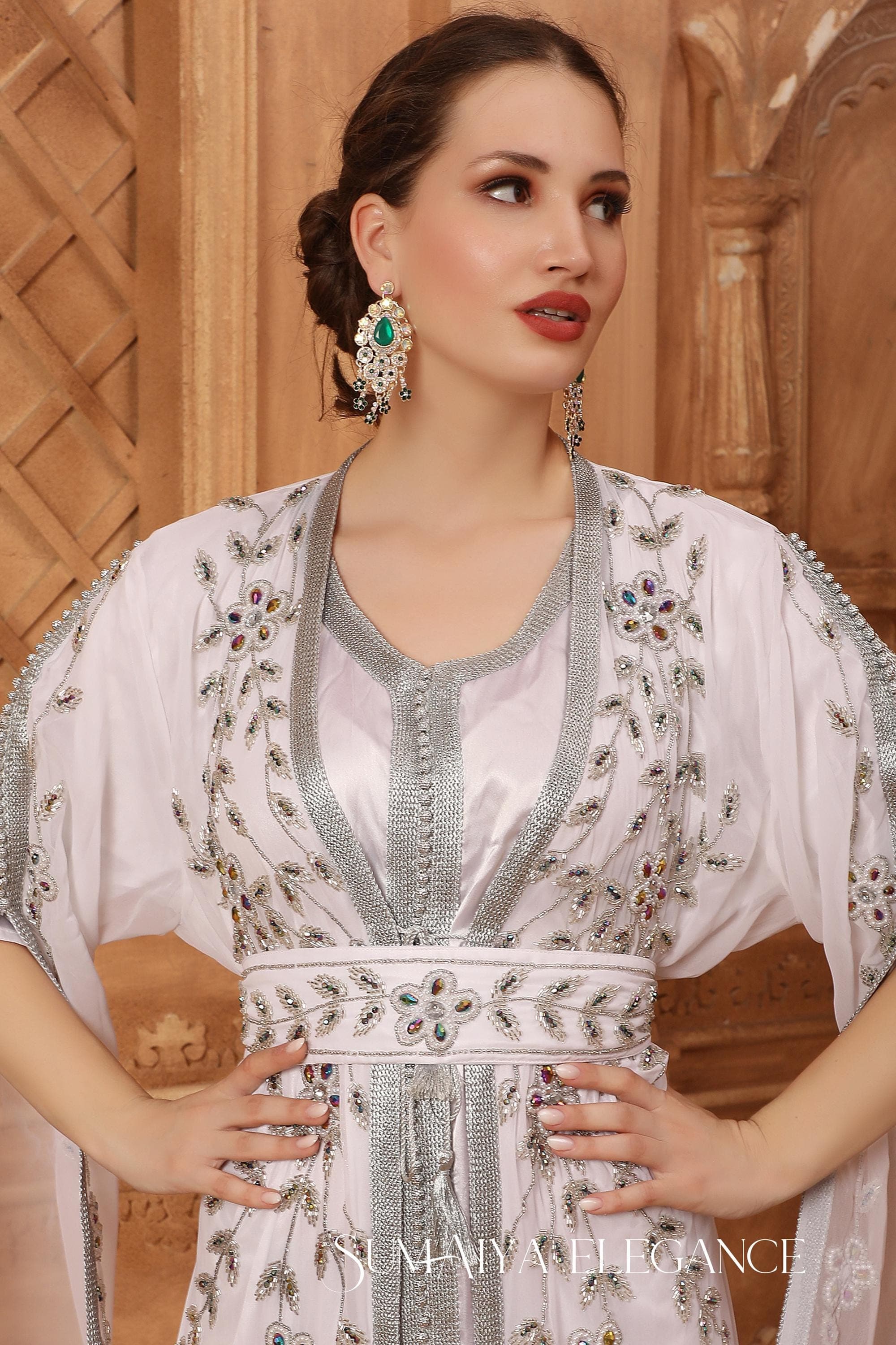 Shifa Moroccan Kaftan Elegant Arabic Abaya Dress Dubai Caftan Fancy Hand Beaded Party Wear Wedding Long Gown Stylish Dress Come with Scarf - image 3