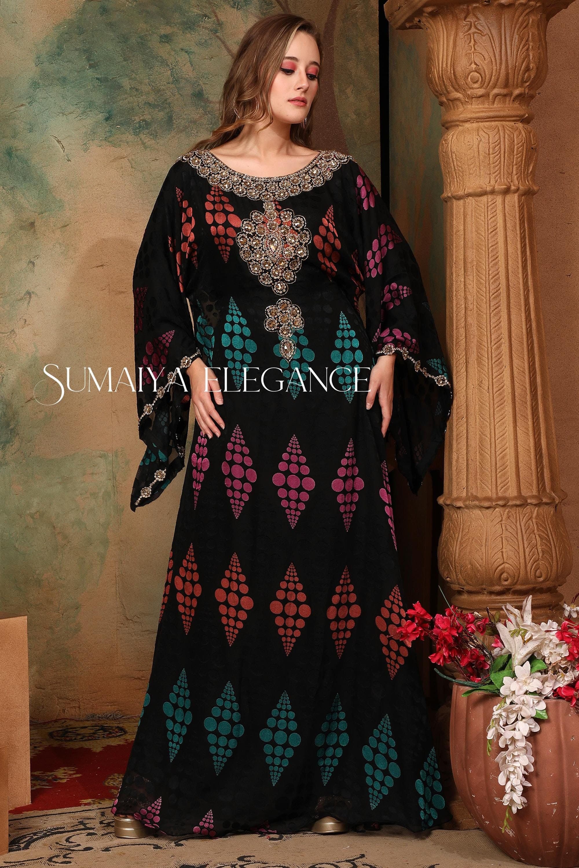 Printed Georgette Caftan, Moroccan Dubai Style, Embellished Abaya