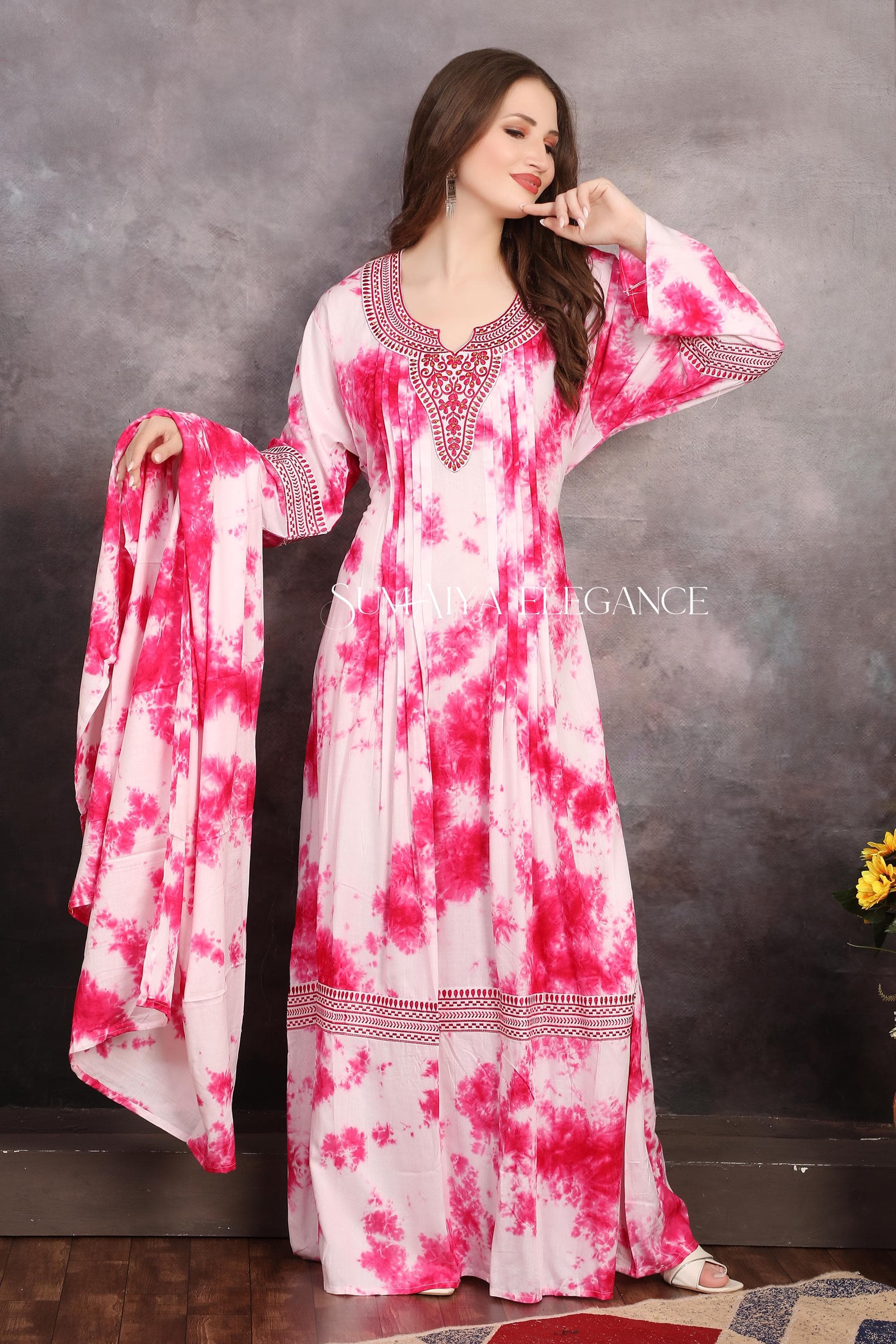 Tie-Dye Cotton Kaftan with Embroidered Details and Dupatta