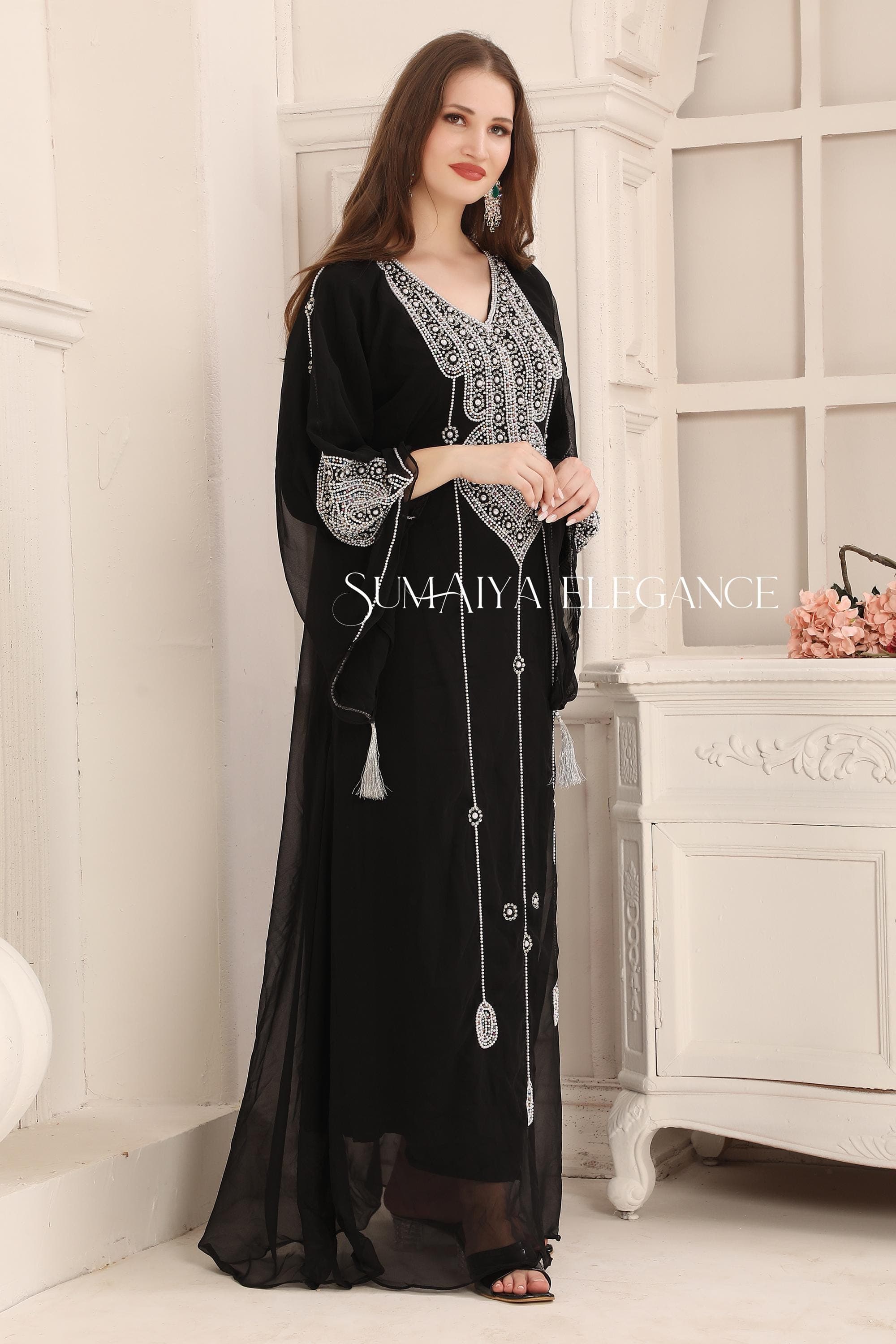 Hand Beaded Kaftan Abaya Gown with Scarf