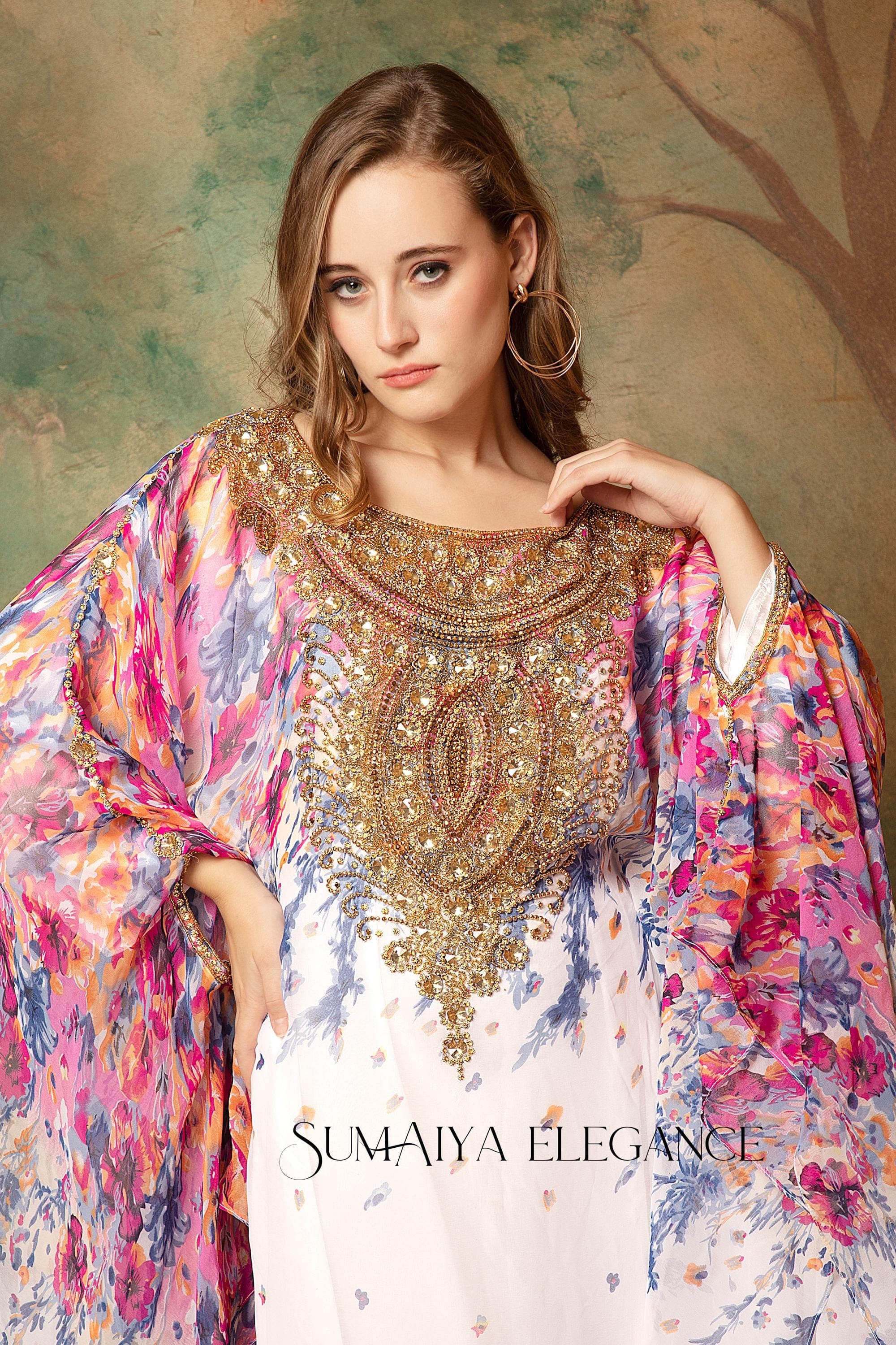 Hand-Beaded Georgette Kaftan Dress with Scarf - image 3