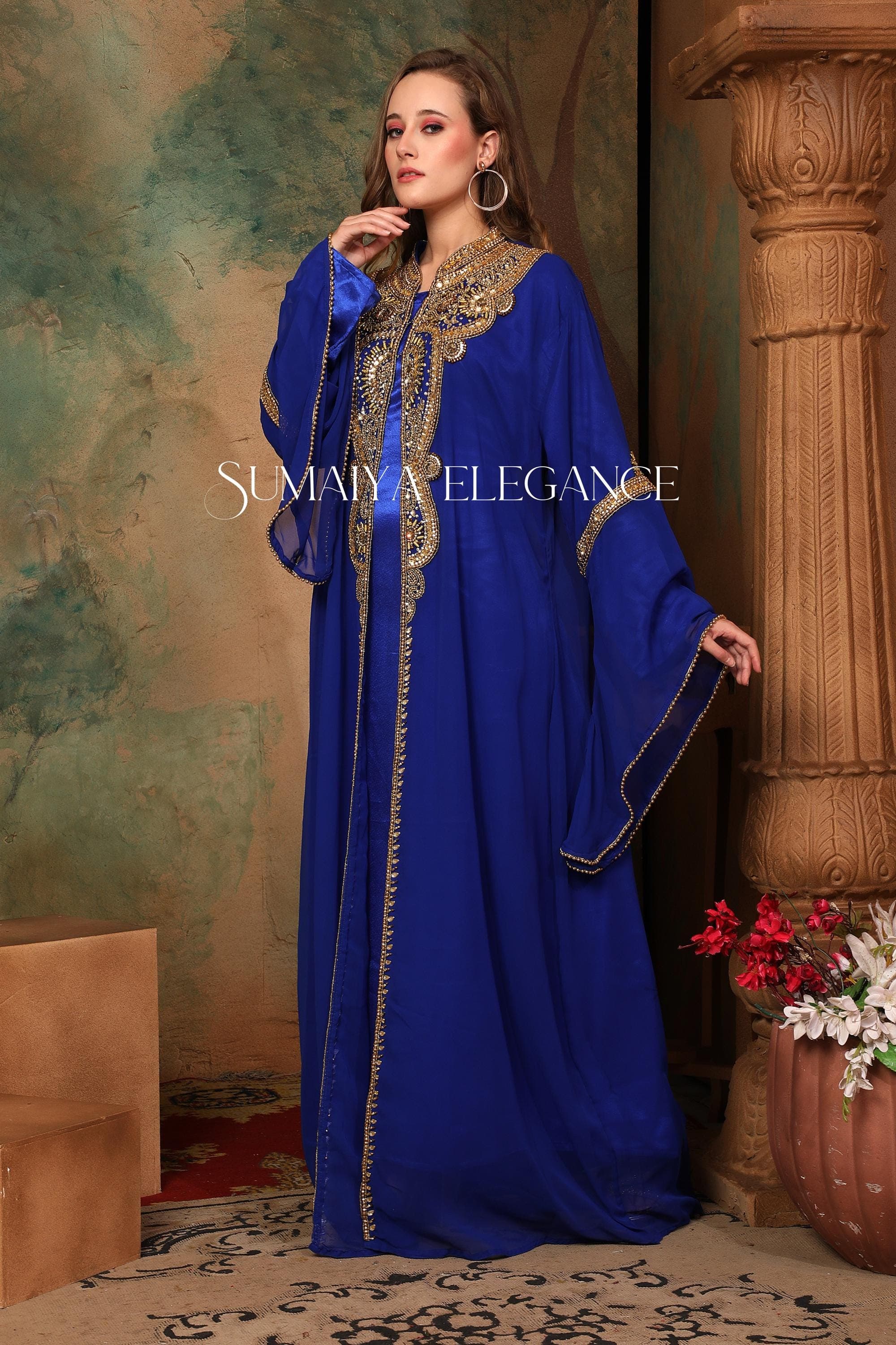 Hand Beaded Georgette Kaftan: Moroccan Abaya, Dubai Style - image 4
