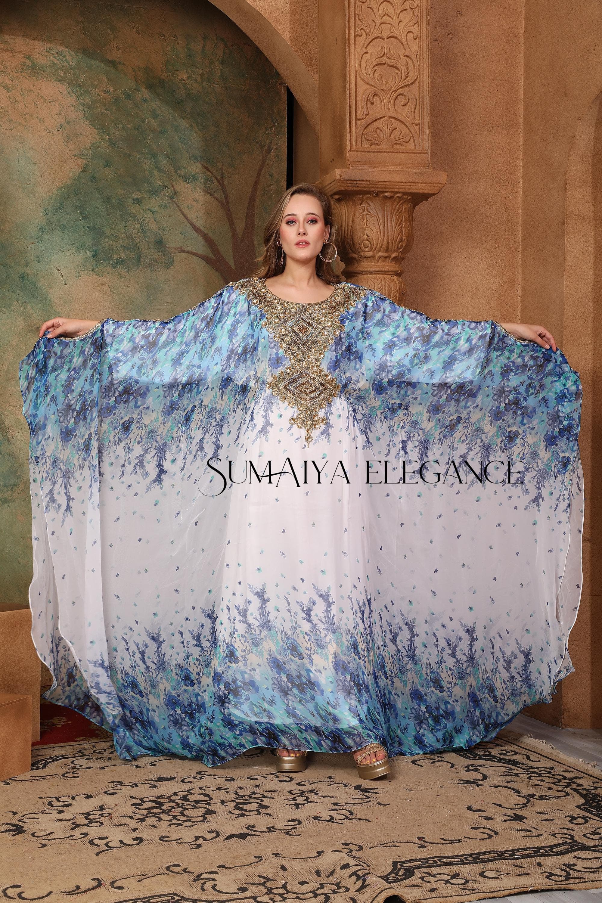 Hand Beaded Georgette Kaftan Dress with Headscarf - image 4