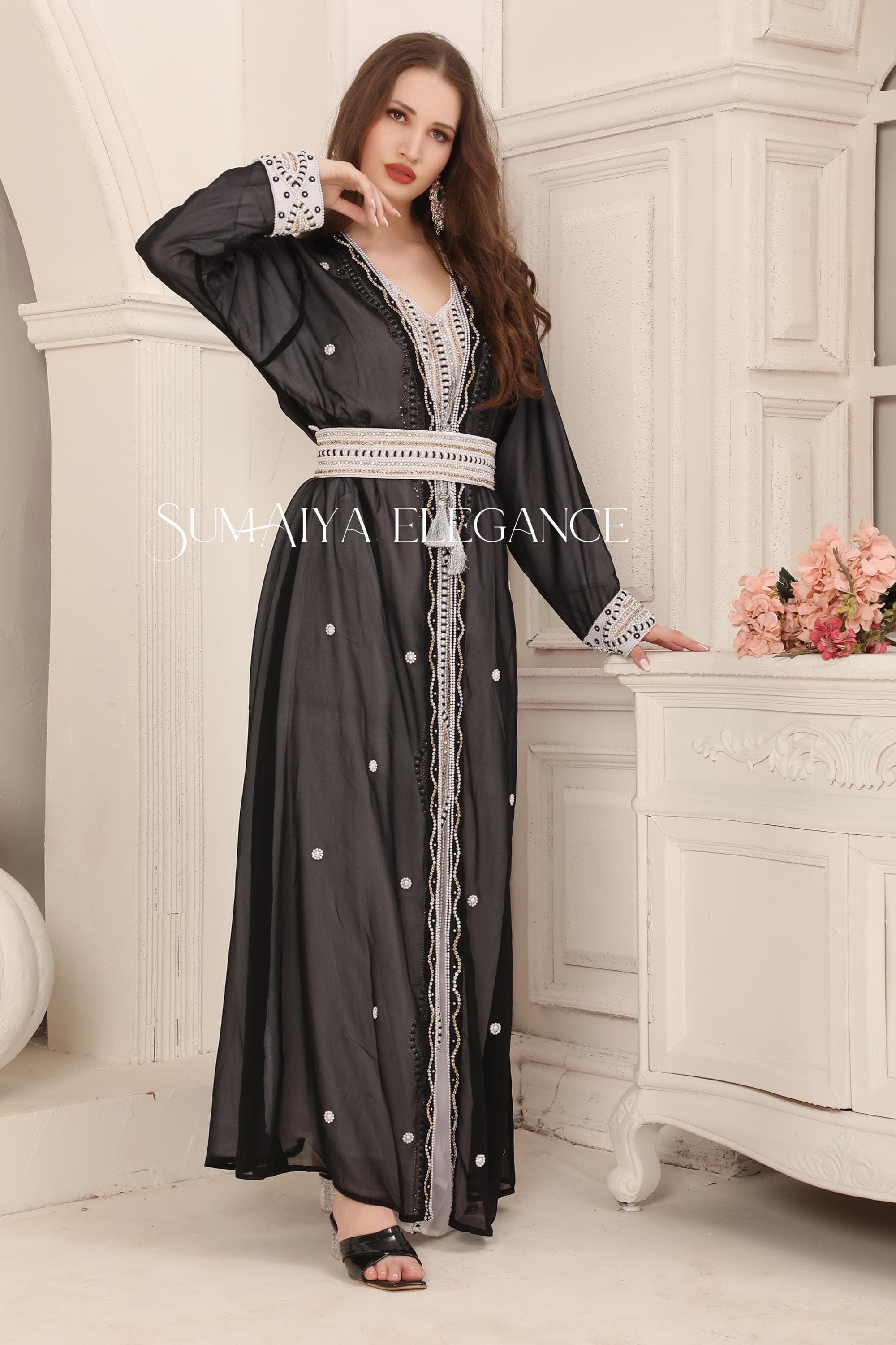 Hand Beaded Georgette Moroccan Kaftan: Dubai Arabic Abaya Wedding Gown - image 4