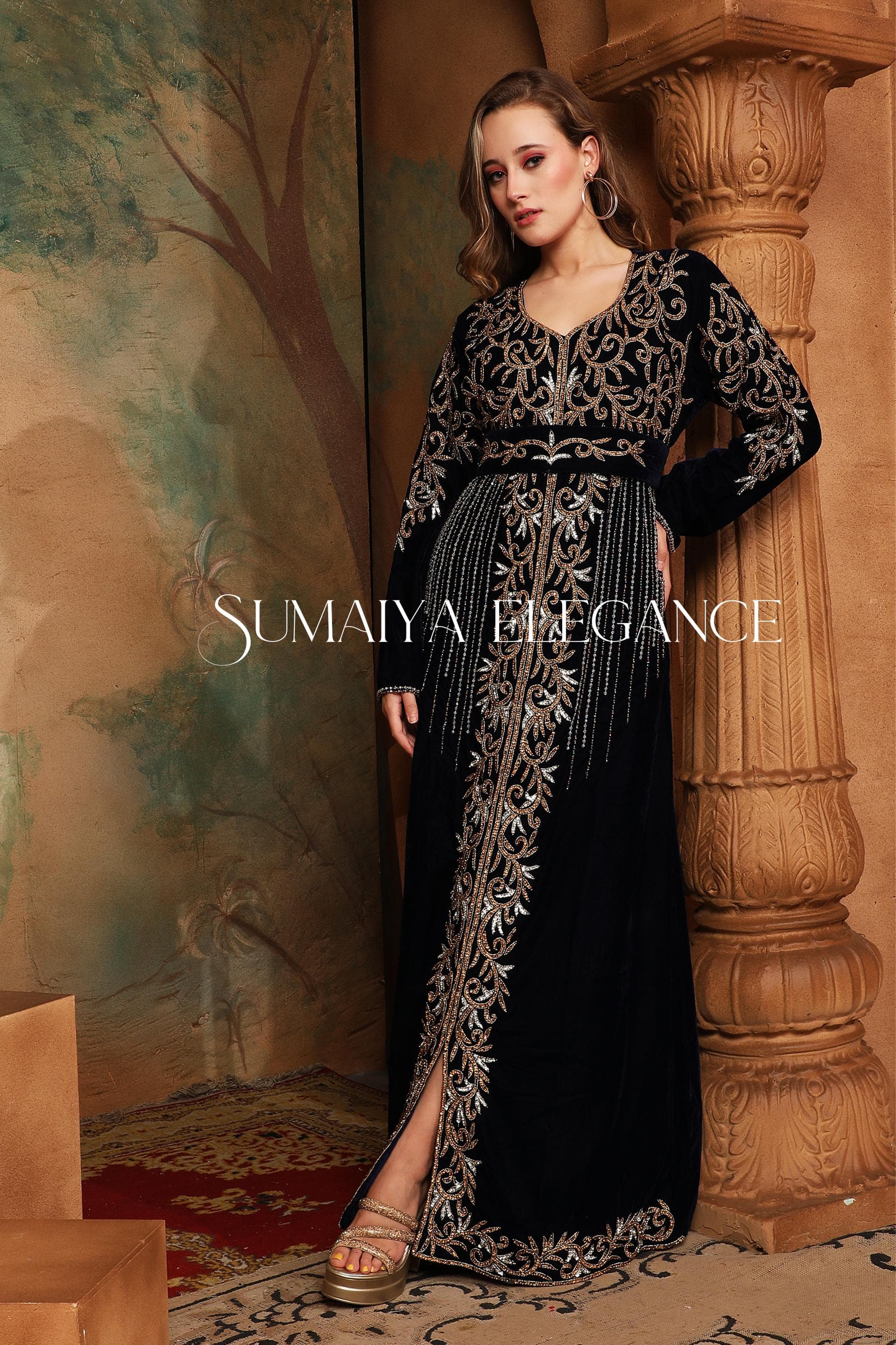 Velvet Embroidered Palestinian Thobe: Custom Arabian Kaftan Dress With Luxe Beadwork - image 4