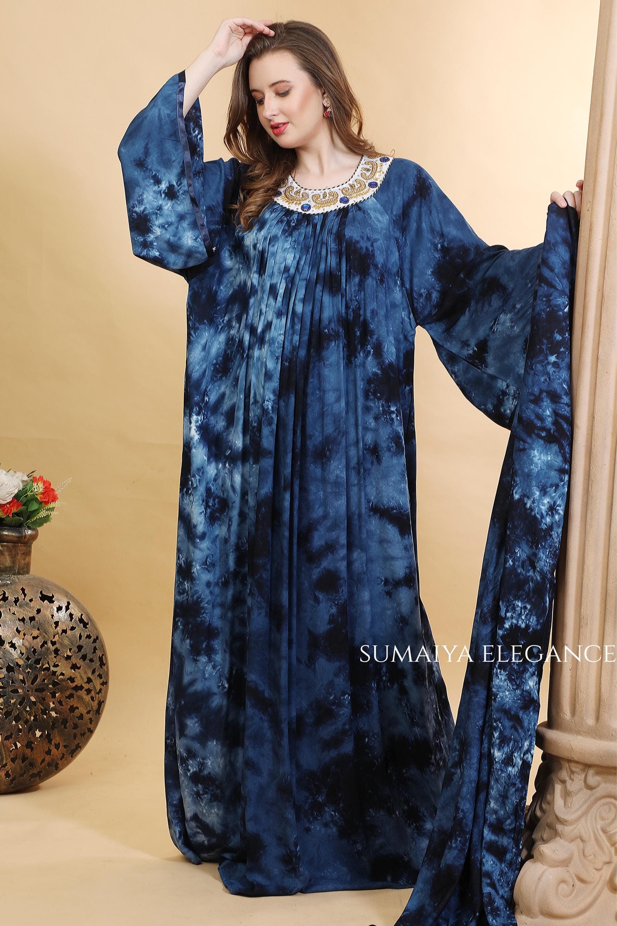 Tie Dye Kaftan Dress, Embroidered Round Neck Farasha, Flowy Pleated Maxi Kaftan, Bell Sleeve Lounge Dress