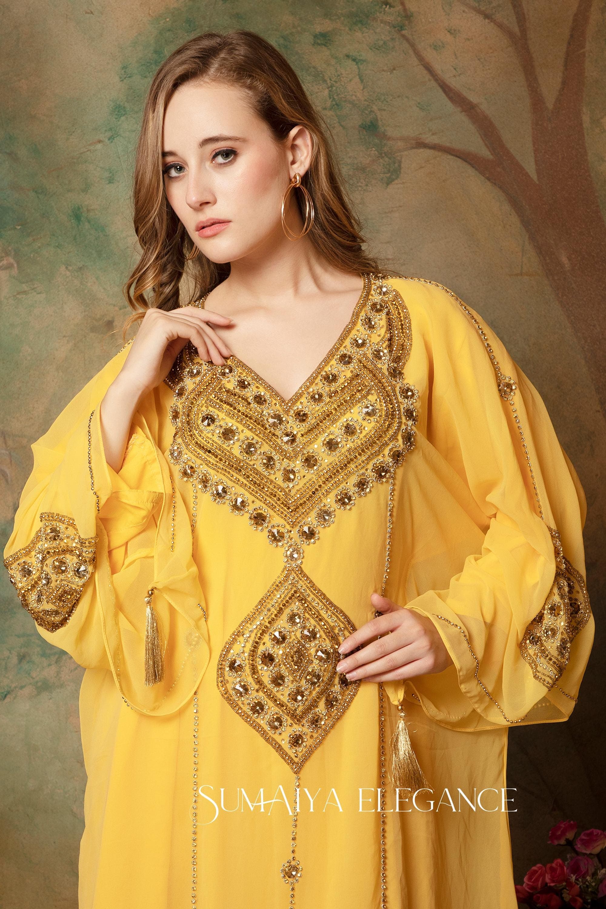 Hand Beaded Moroccan Caftan, Georgette Arabic Takchita with Scarf - image 3