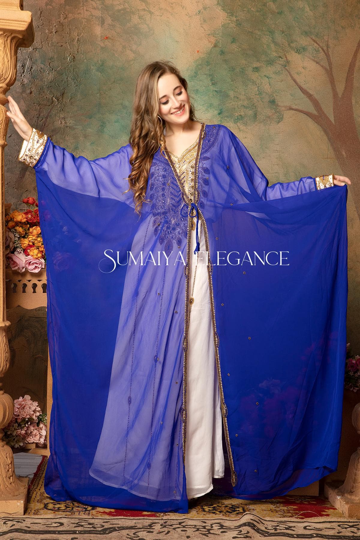 Royal Blue Georgette Kaftan Dress, Hand-Embellished Abaya with Scarf - image 4