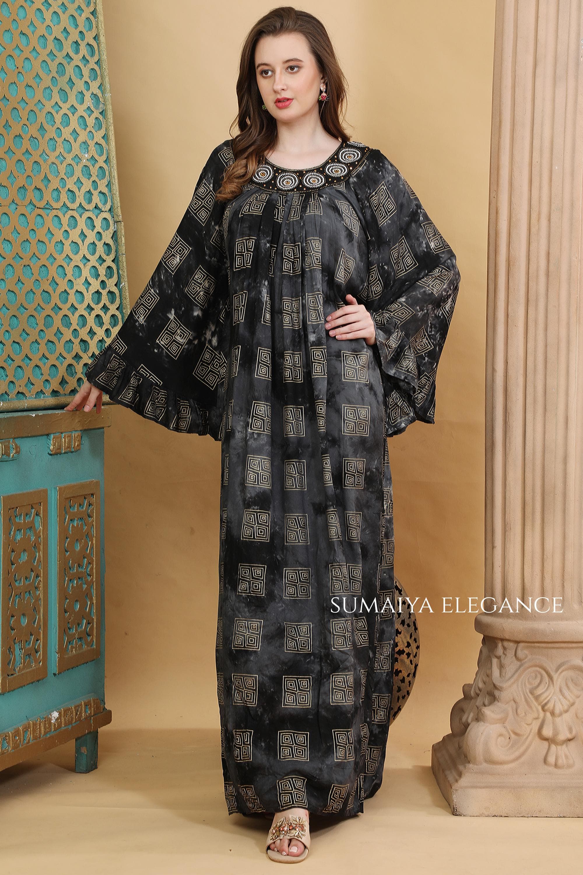 Hand Embellished Kaftan Dress, Geometric Print Maxi, Statement Neckline Caftan, Boho Luxe Lounge Wear, Resort Style Loose Fit Dress