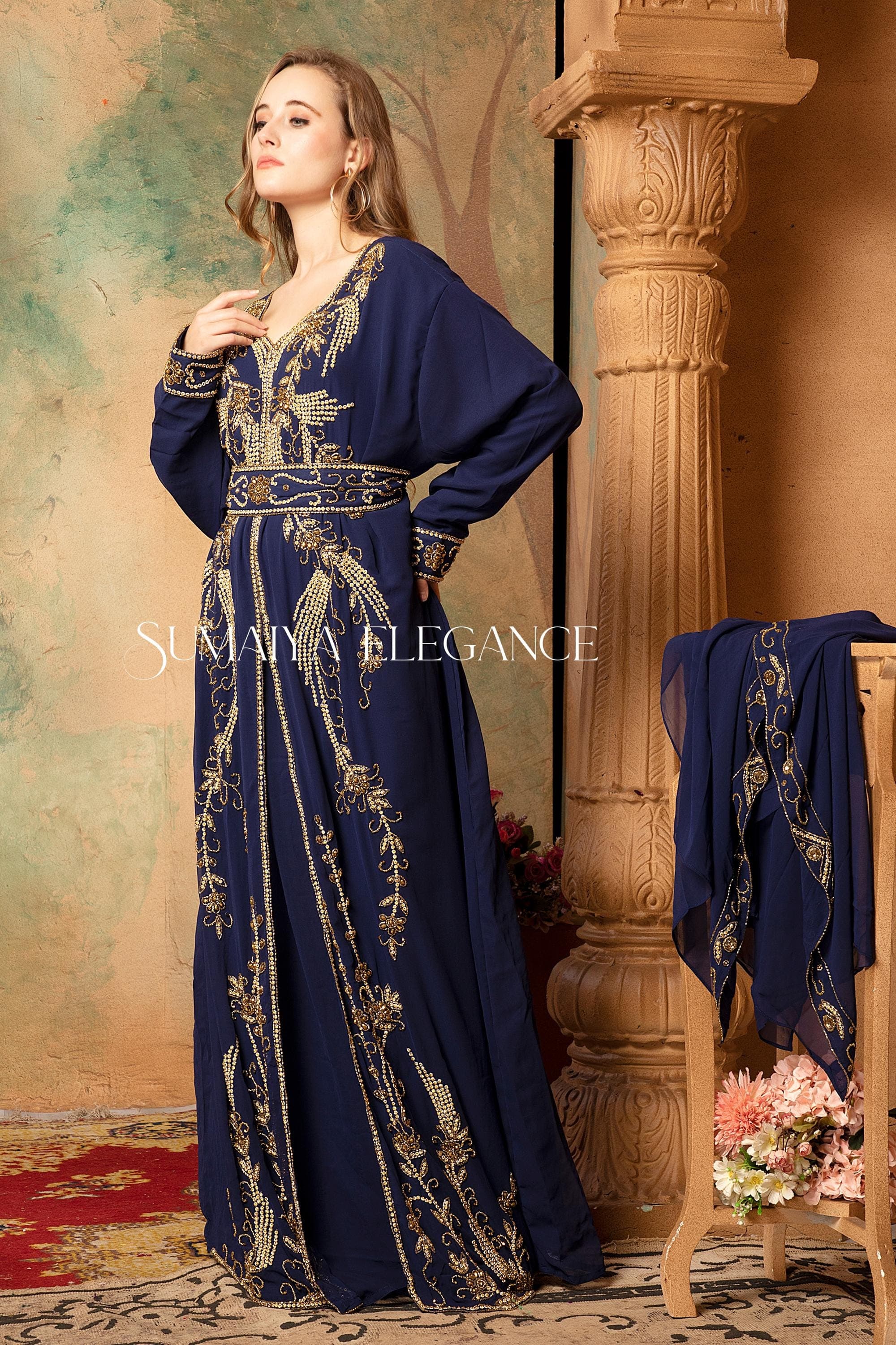 Farah Takchita Moroccan Caftan Arabic Abaya Kaftan Dubai Fancy Hand Beaded Party Wear Wedding Long Gown Stylish Dress Comes with Scarf Free - image 4