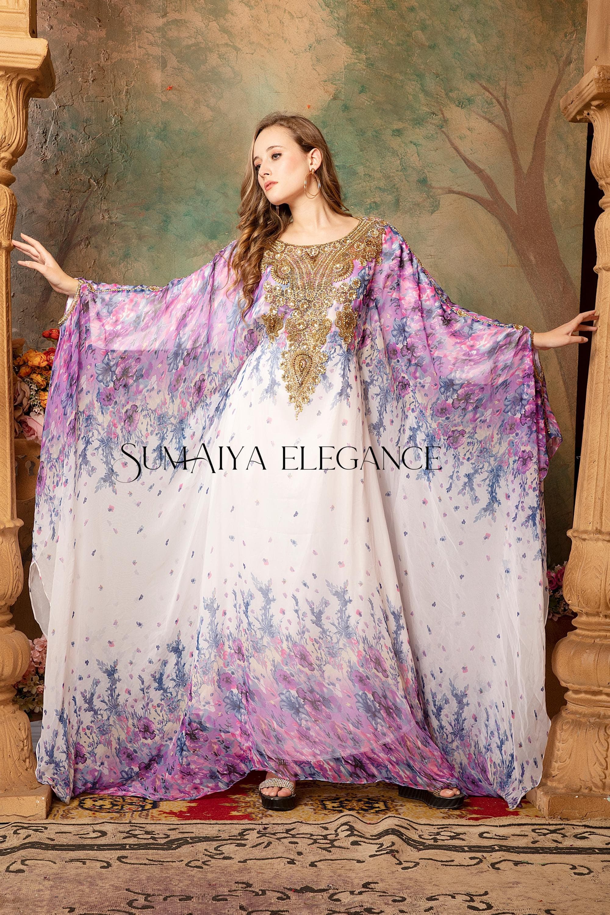 Floral Georgette Kaftan Dress, Hand-Embellished Abaya with Headscarf