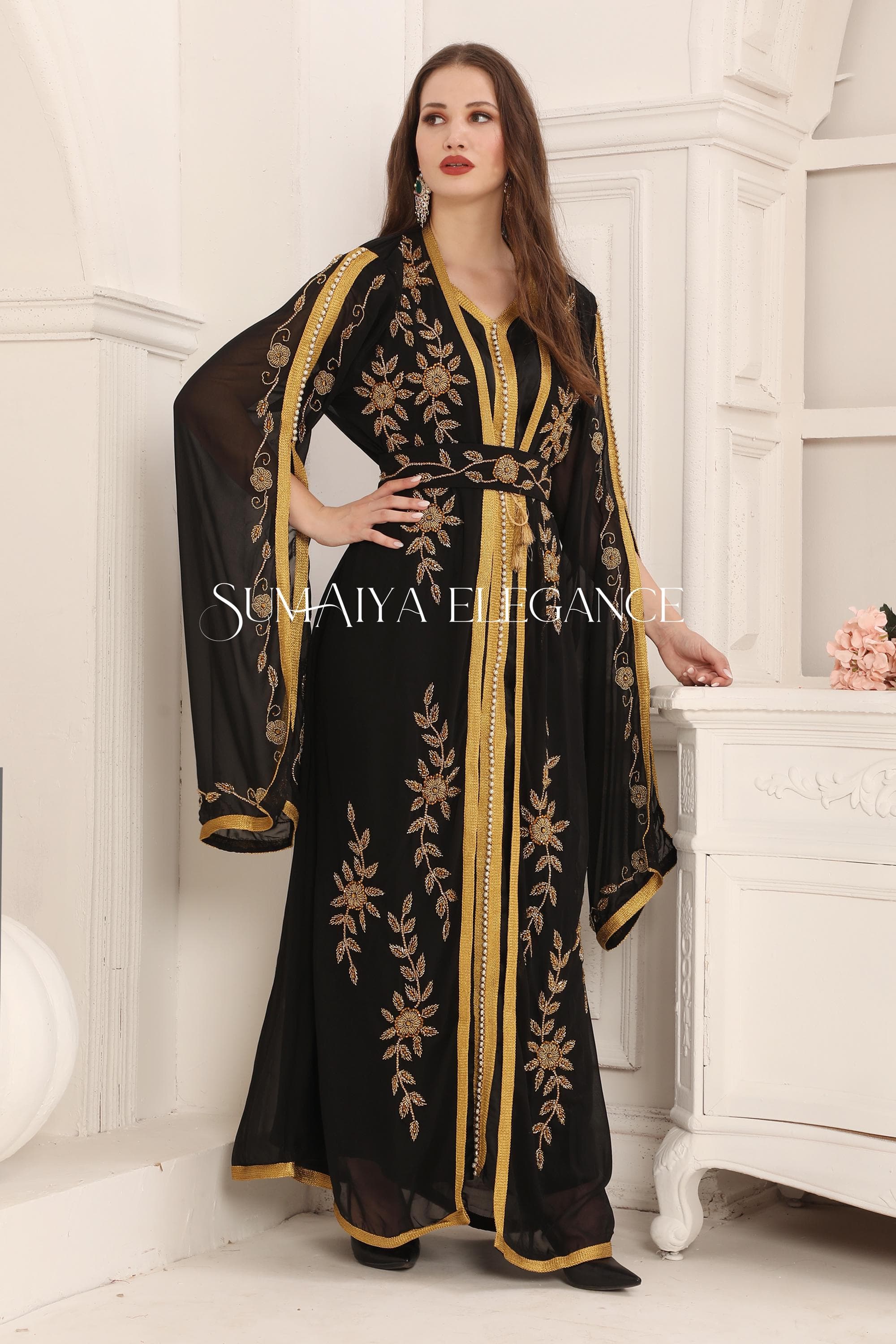 Yousra Dubai Moroccan Kaftan Elegant Arabic Abaya Hand Beaded Caftan Farasha Party Wear Long Gown Wedding Beach Stylish Jalabiya Women Dress
