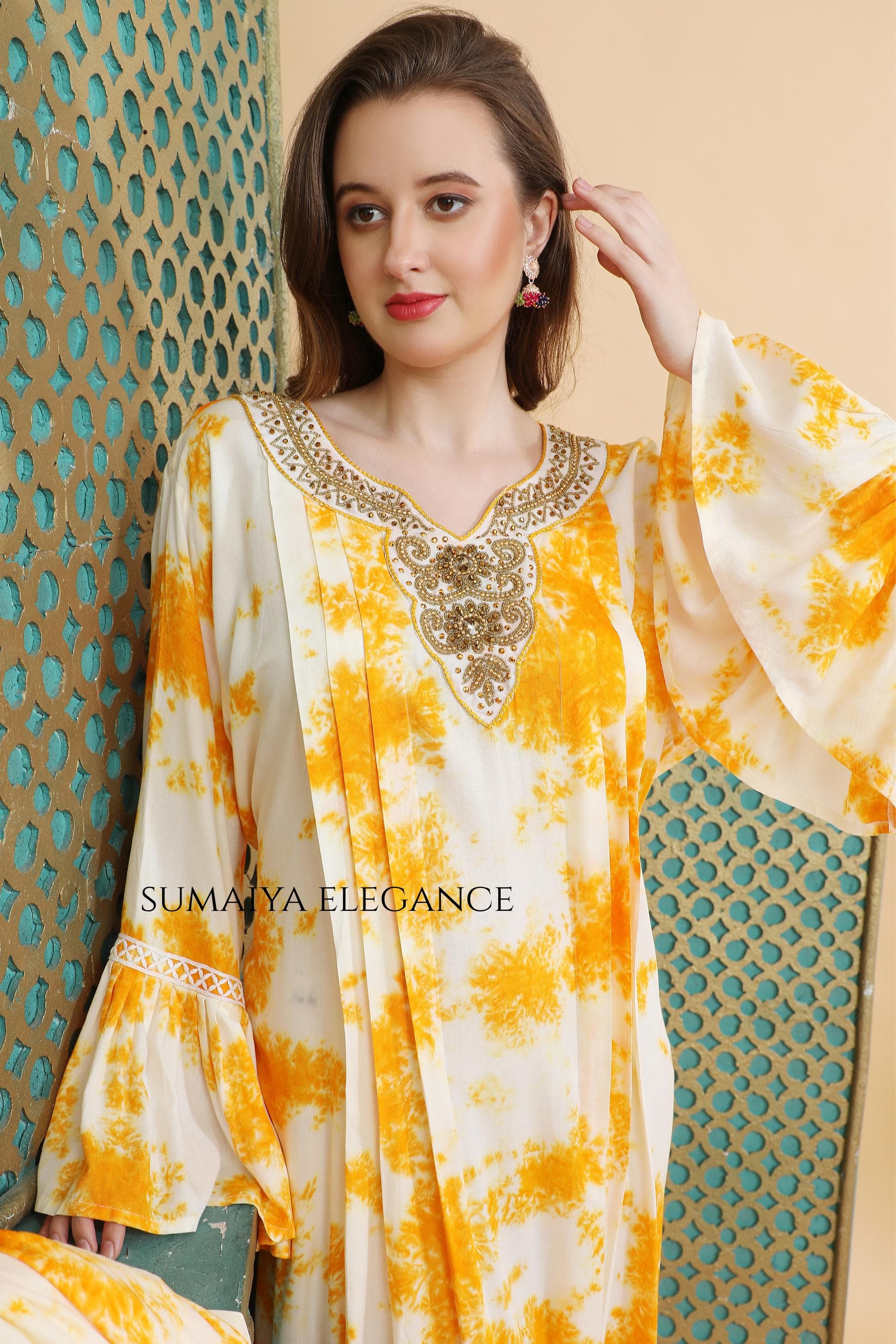 Bohemian Tie Dye Maxi Summer Beach Vacation Dress Lace Trim Bell Sleeve Gown Intricate Neckline Embroidery Long Dress - image 5