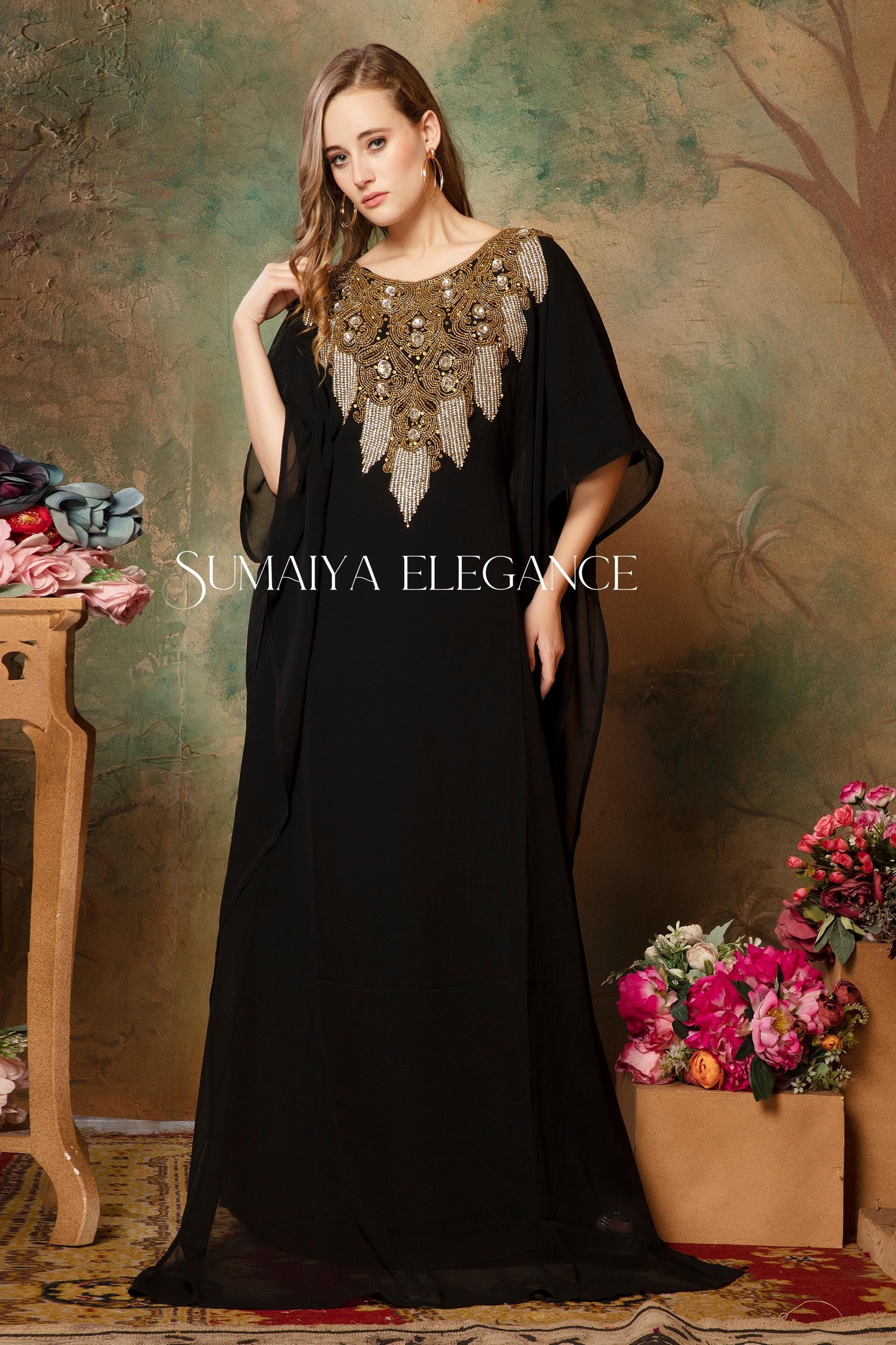 Embellished Georgette Kaftan Abaya with Headscarf - image 5