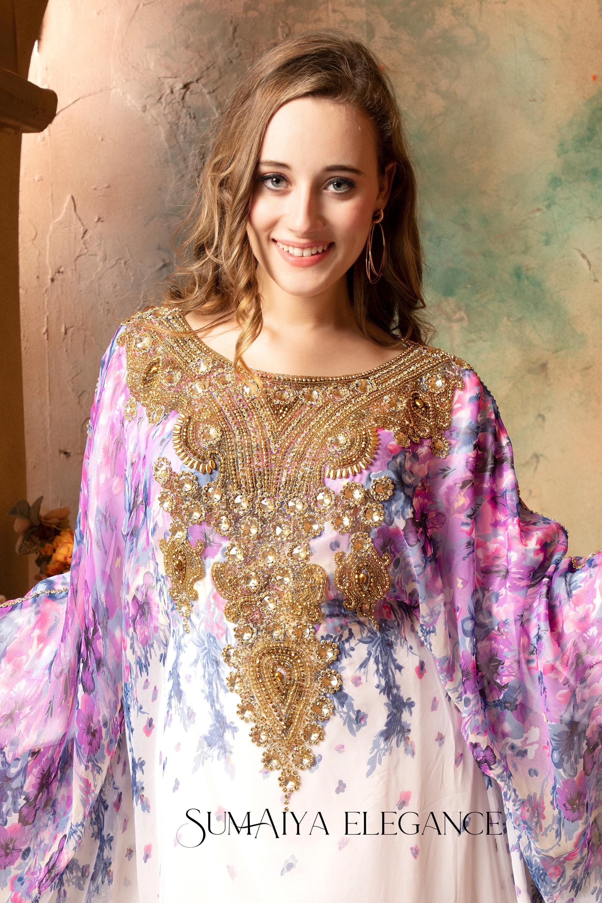 Floral Georgette Kaftan Dress, Hand-Embellished Abaya with Headscarf - image 3