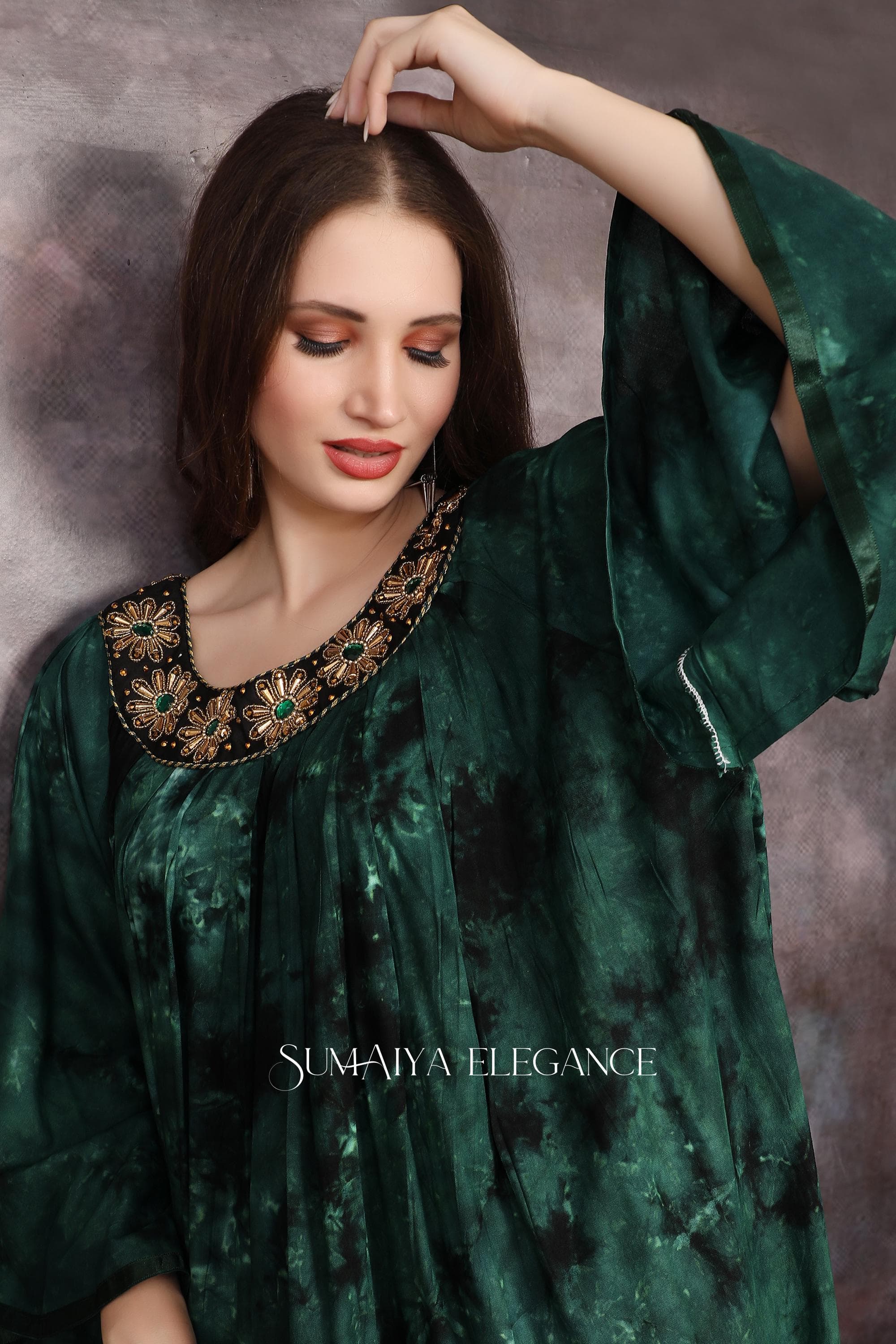 Luxury Handmade Abaya Dubai Tie Dye Kaftan Dress with Embroidered Neckline Floor Length Modest African Maxi Party Wear Wedding Beach Dress