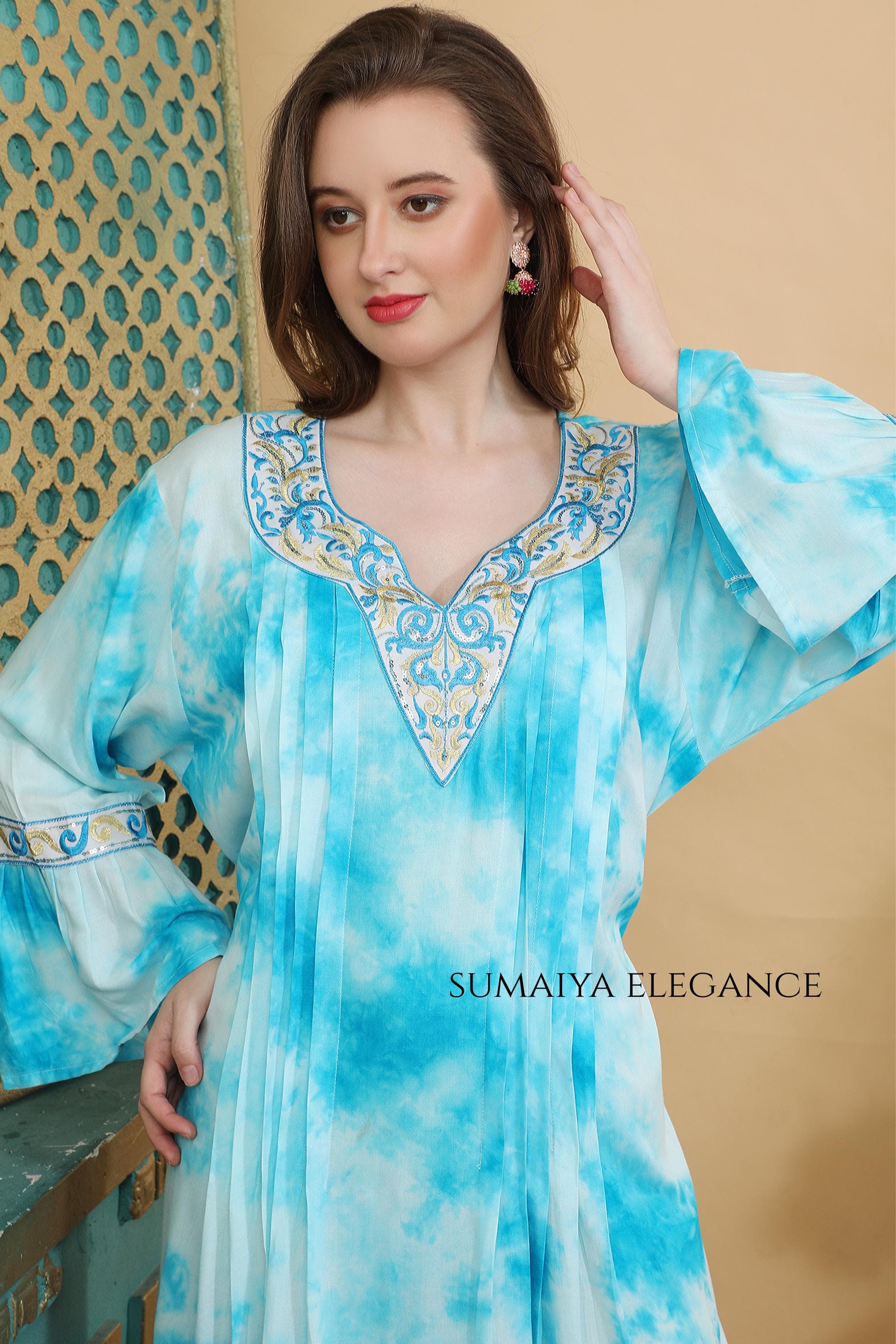 Tie Dye Kaftan Dress, Embroidered V Neck Farasha, Flowy Bell Sleeve Maxi Dress - image 4