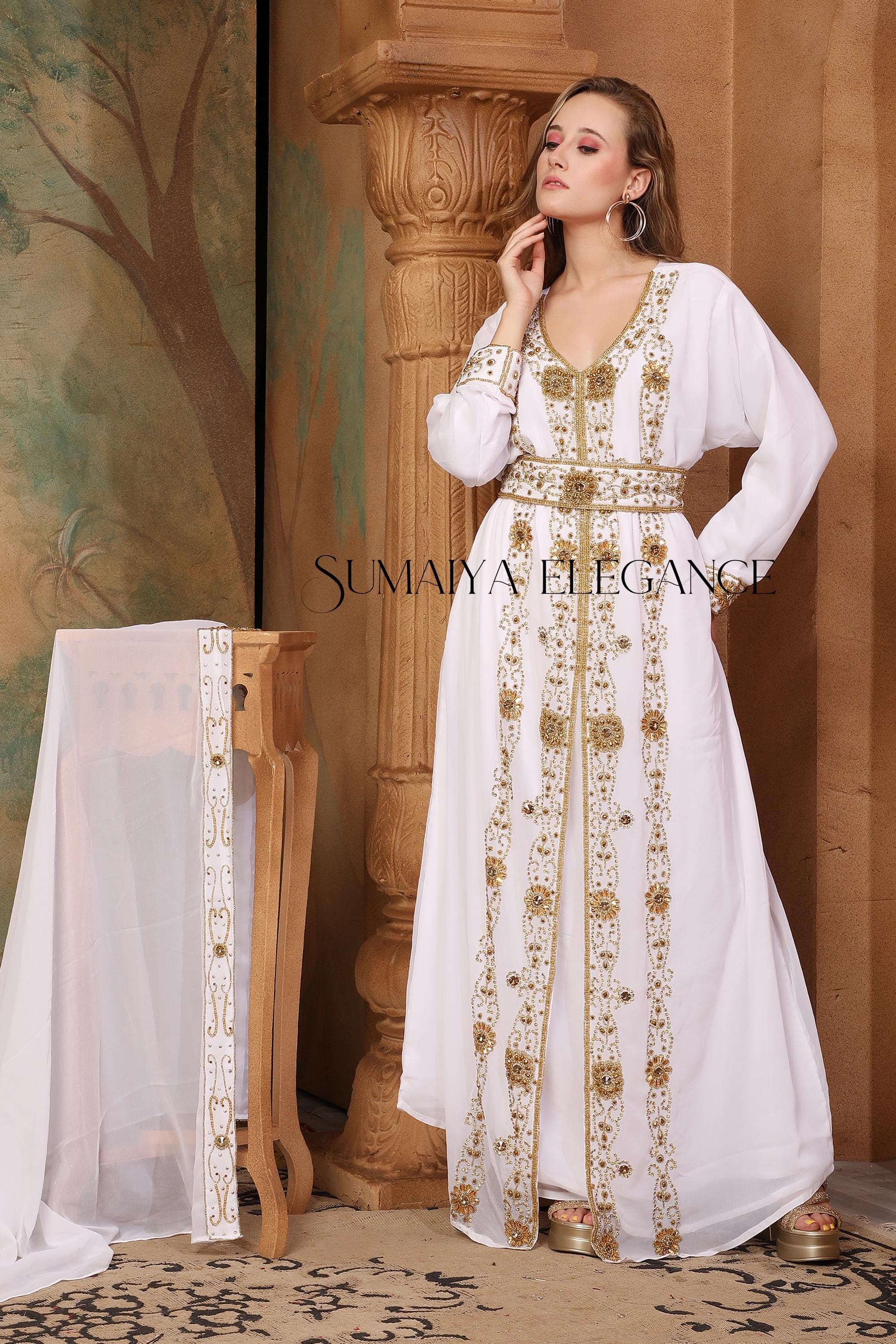 Embellished Georgette Kaftan with Headscarf - Dubai Moroccan Style