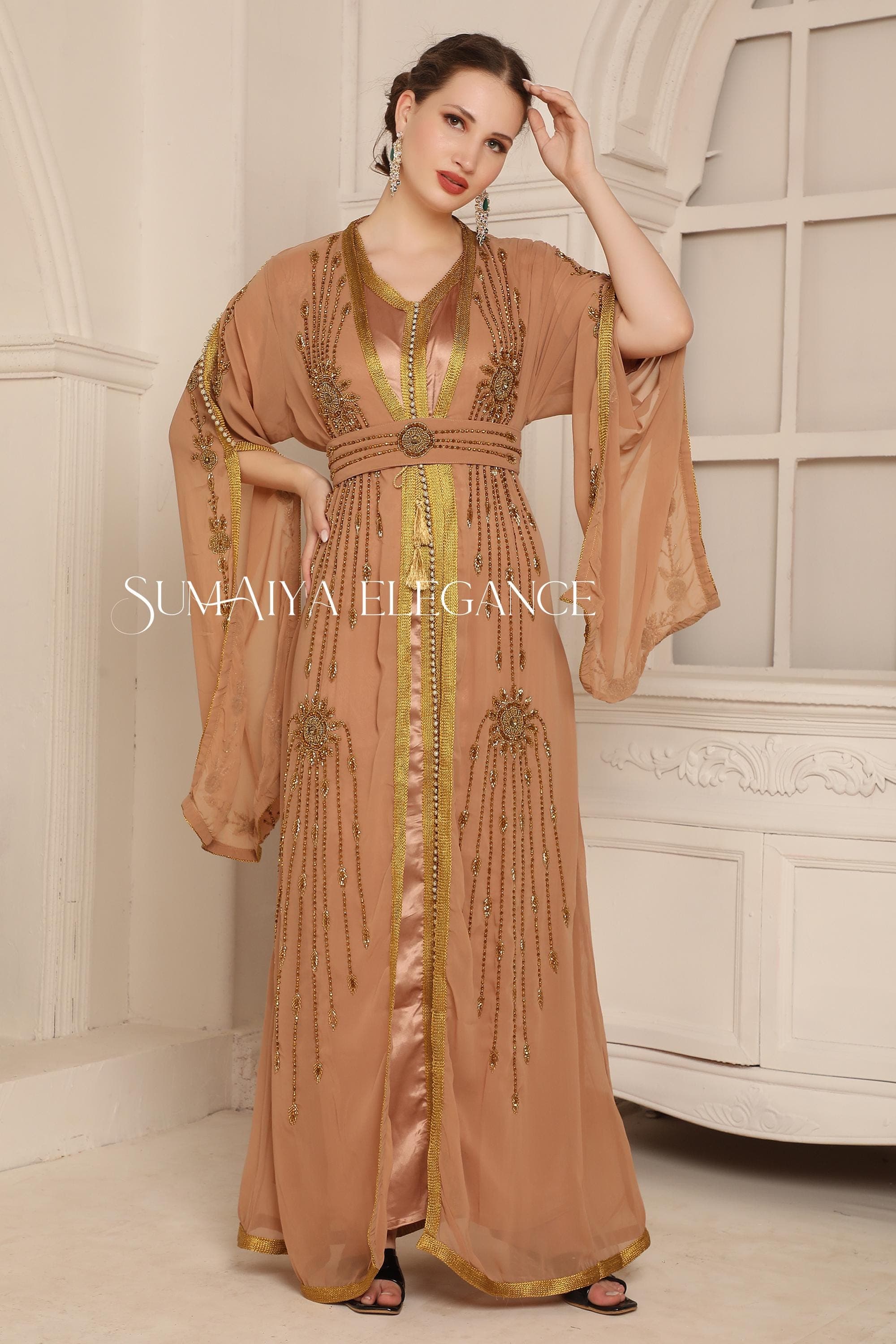 Hand Beaded Georgette Kaftan Abaya with Scarf