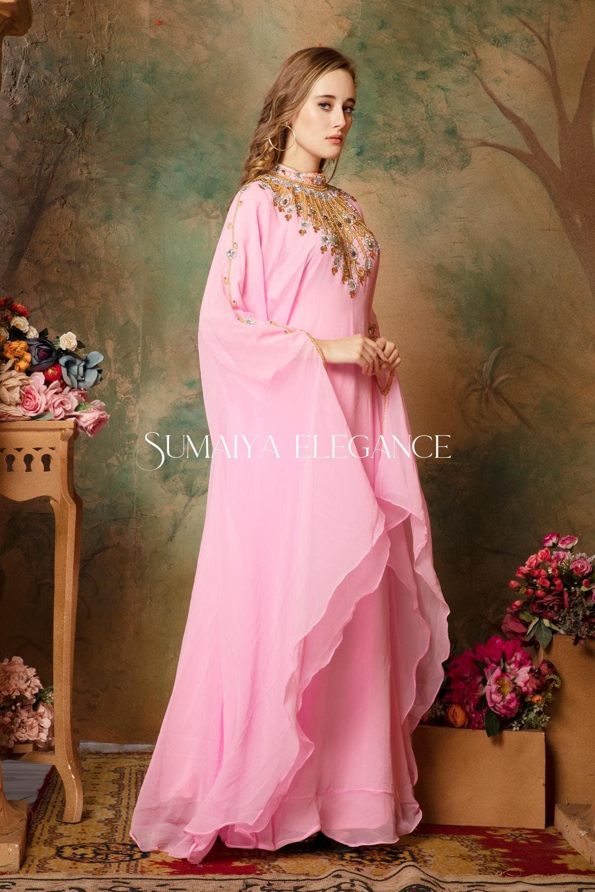 Hand Beaded Georgette Kaftan Maxi Gown with Scarf - image 5