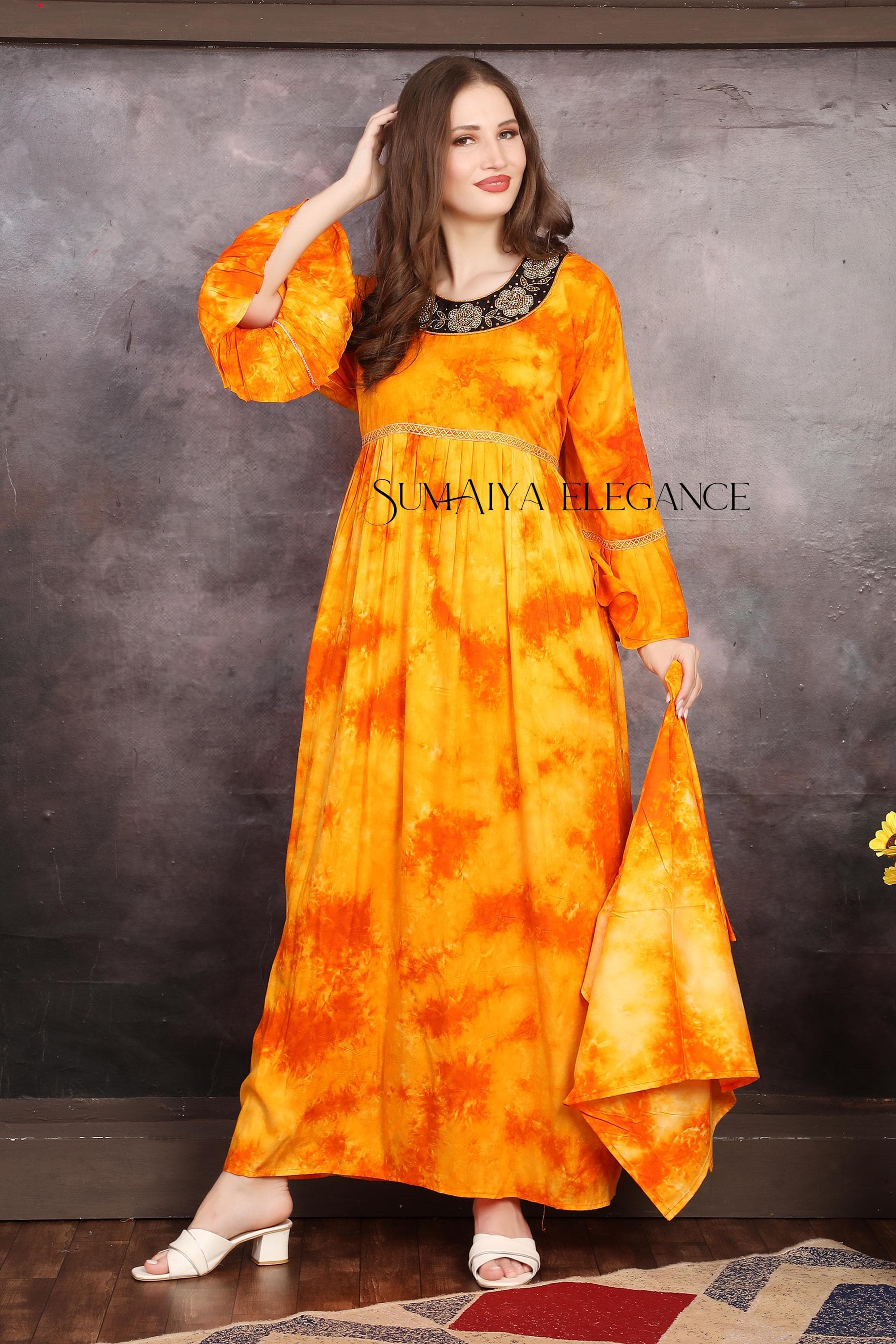 Handmade Rayon Kaftan Dress: Embroidered Tie-Dye Maxi with Scarf
