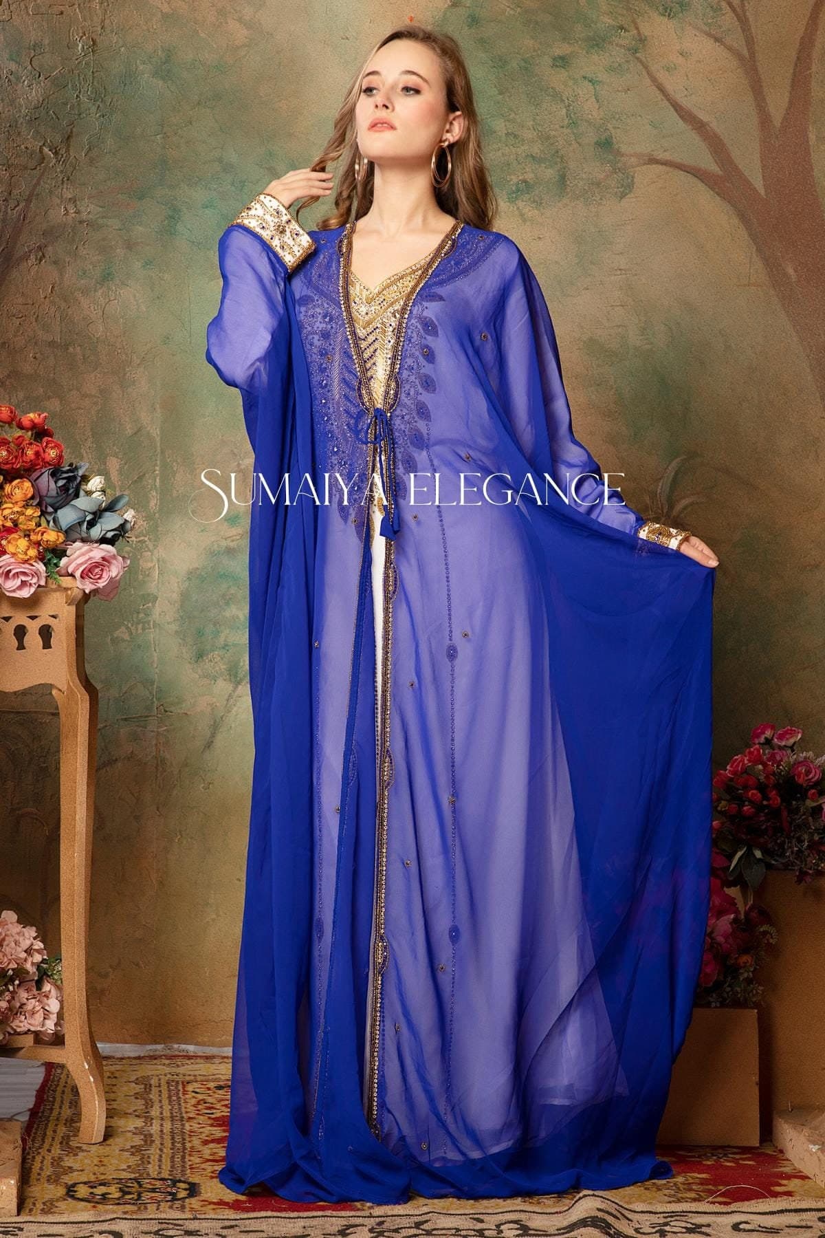 Royal Blue Georgette Kaftan Dress, Hand-Embellished Abaya with Scarf