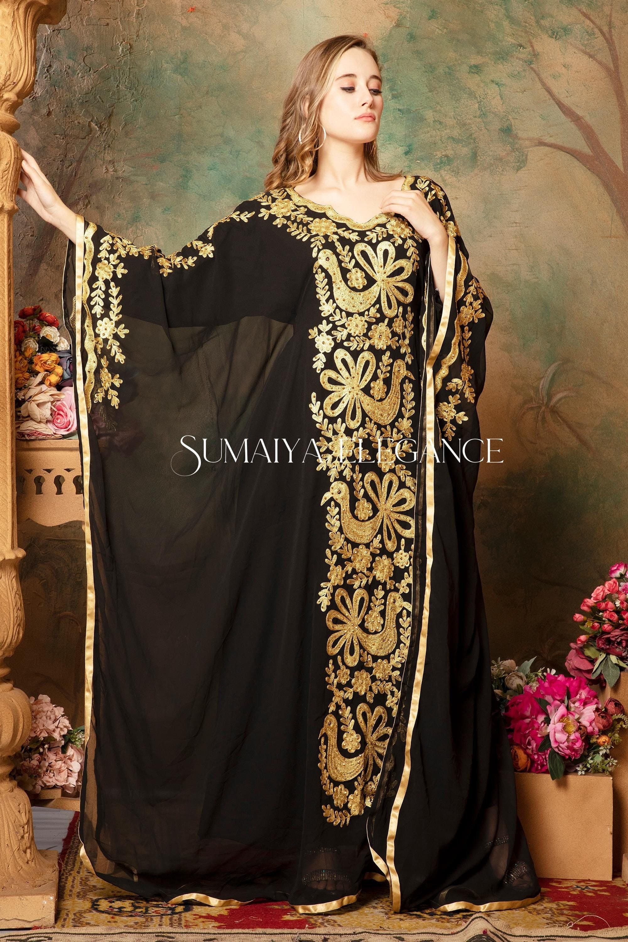 Gold Embroidered Black Kaftan Dress: Moroccan Farasha Gown