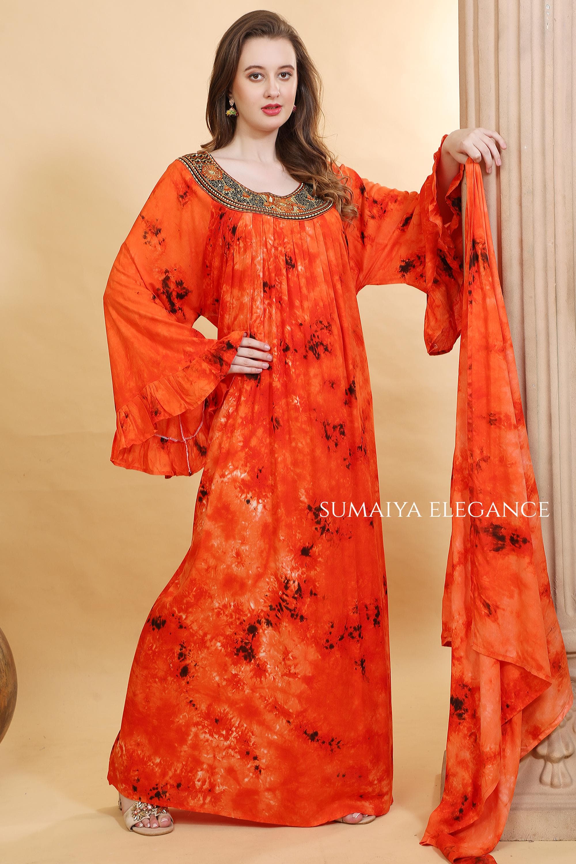 Hand Embroidered Neck Kaftan Dress with Flowy Sleeves, Loose Fit Maxi Loungewear, Modest Boho Farasha Style Dress