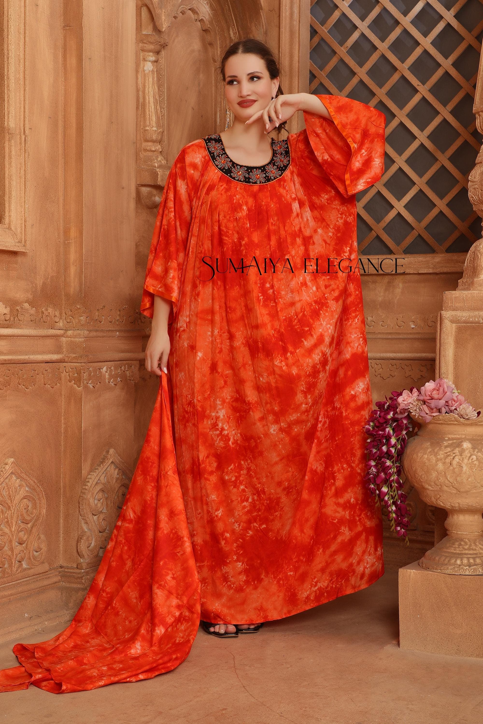 Handmade Embroidered Tie Dye Kaftan Abaya with Scarf