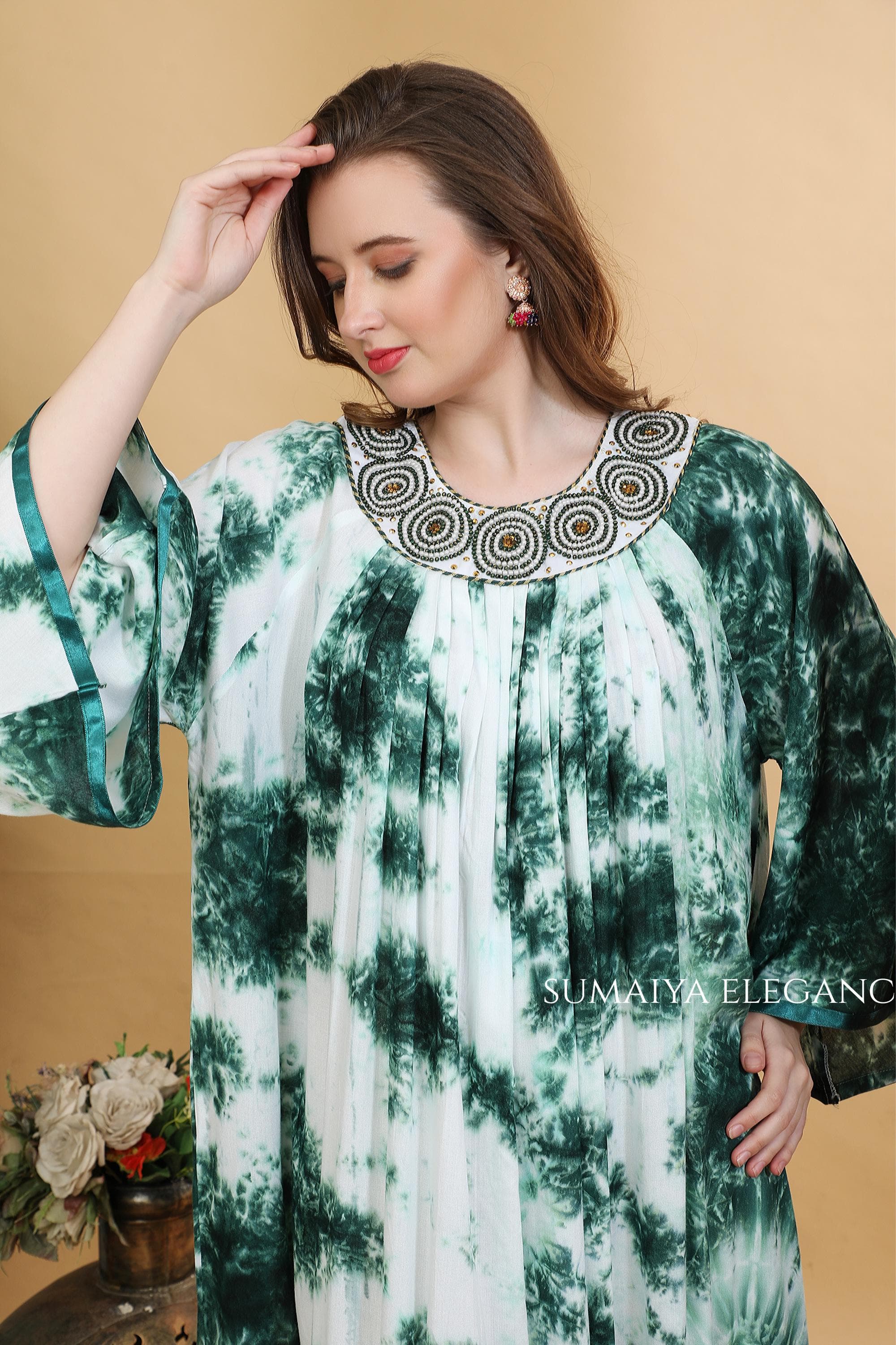 Embroidered Kaftan Dress, Round Neck Farasha, Flowy Pleated Maxi Kaftan, Bell Sleeve Lounge Dress, Elegant Modest Wear