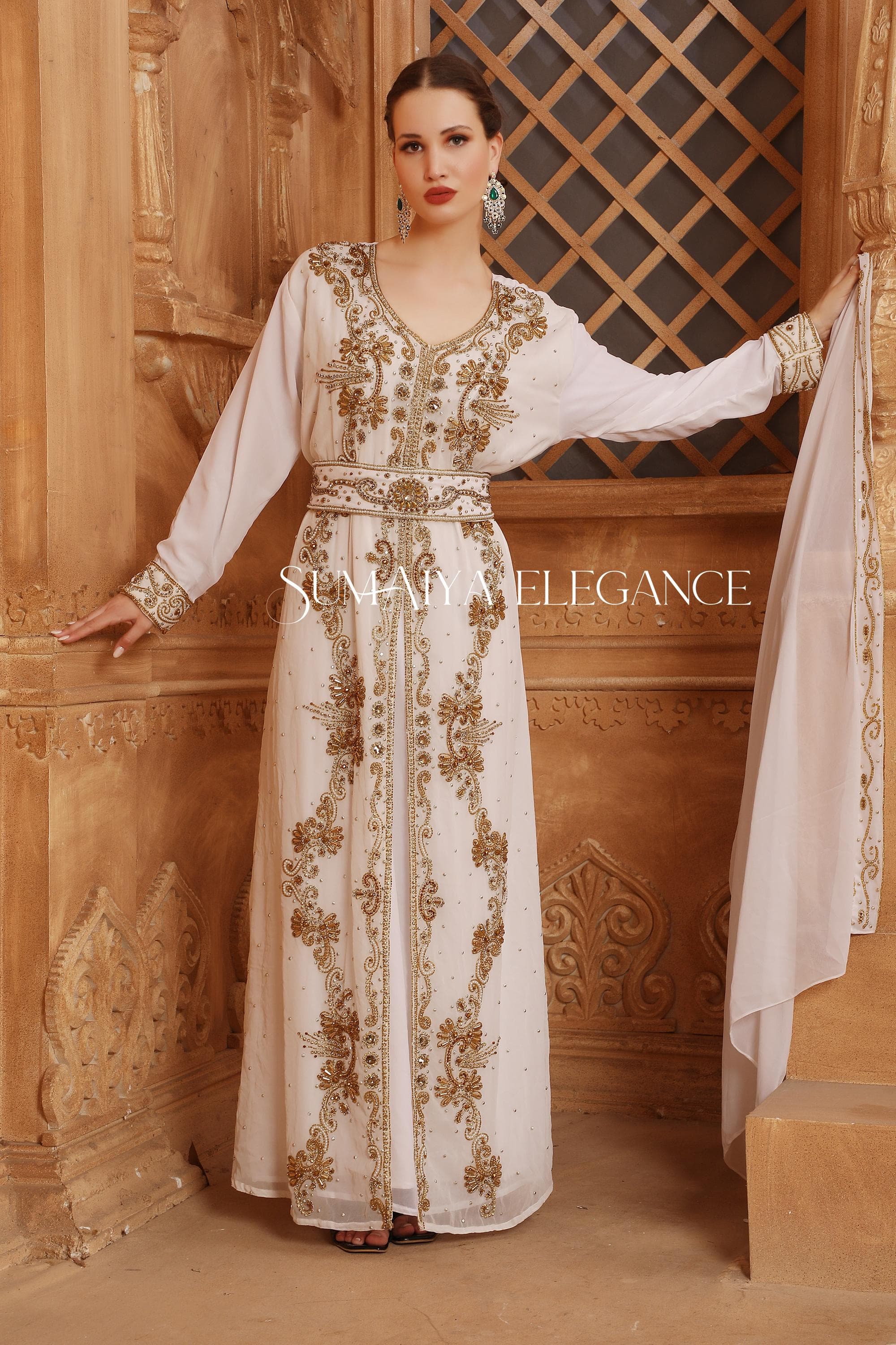 Moroccan Georgette Kaftan Abaya with Golden Beads, Arabic Wedding Farasha with Scarf